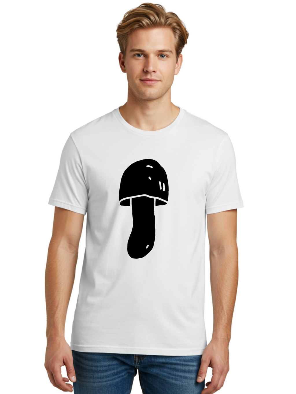 Mushroom-Graphic Men'S Graphic Tee, 100% Cotton, Comfortable Casual Summer Wear, Machine Washable, Mushroom Silhouette, Simple Design, Minimalist Art, Fungal Icon, Black And Green, Nature Symbol -  Aaa606