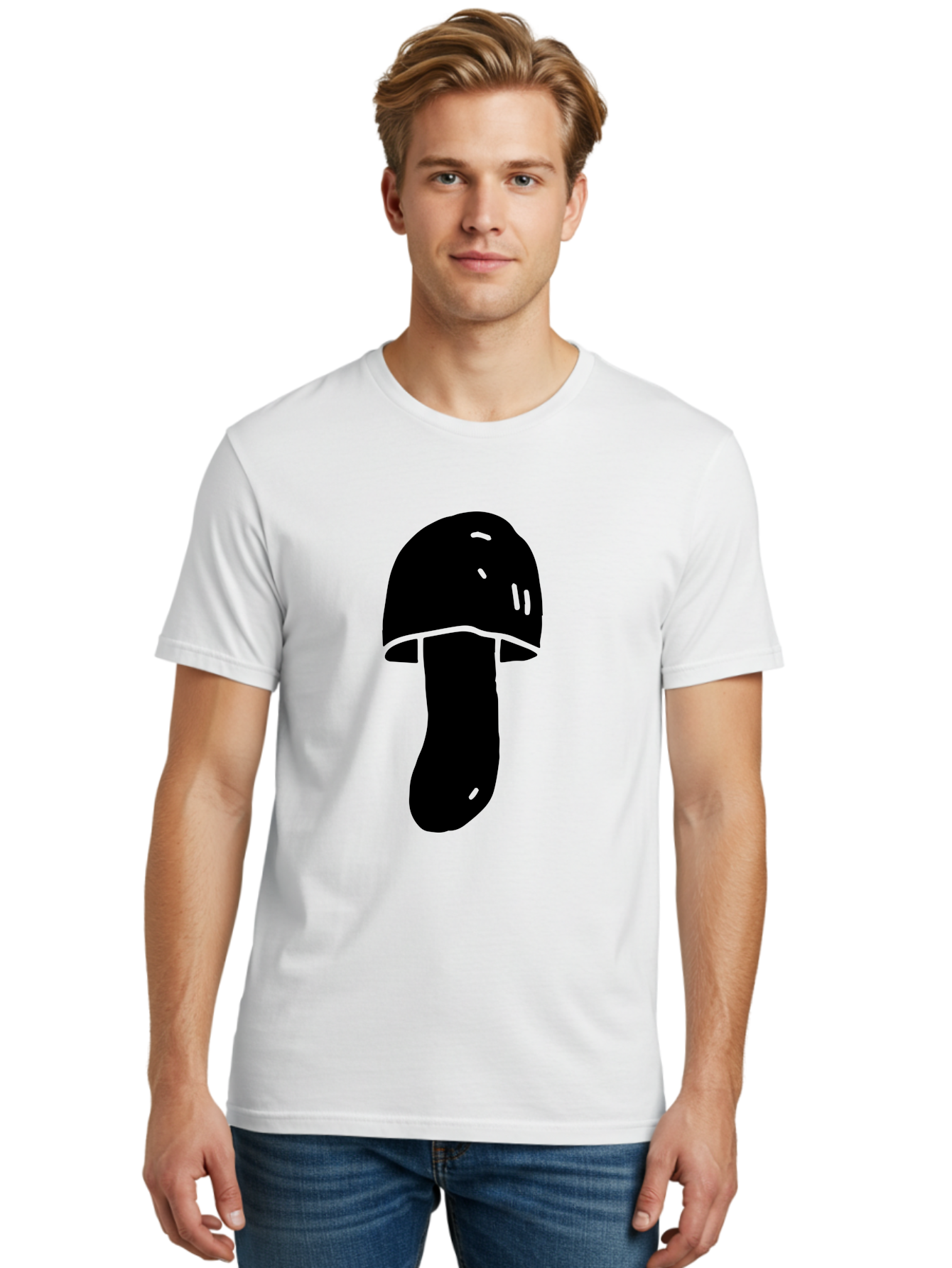 Mushroom-Graphic Men'S Graphic Tee, 100% Cotton, Comfortable Casual Summer Wear, Machine Washable, Mushroom Silhouette, Simple Design, Minimalist Art, Fungal Icon, Black And Green, Nature Symbol -  Aaa606