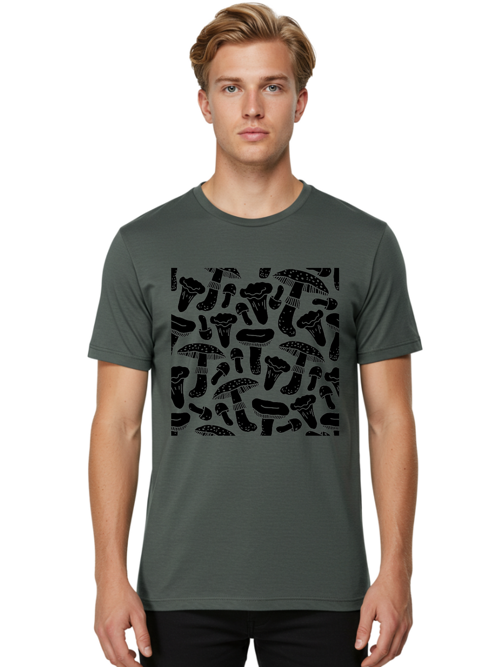 Mushroom-Pattern Men'S Graphic Tee, 100% Cotton, Comfortable Casual Summer Wear, Machine Washable, Mushroom Patterns, Fantasy Fungi, Black Silhouettes, Detailed Illustrations, Whimsical Design, Stylized Mushrooms, Nature-Inspired Art, -  Aaa607
