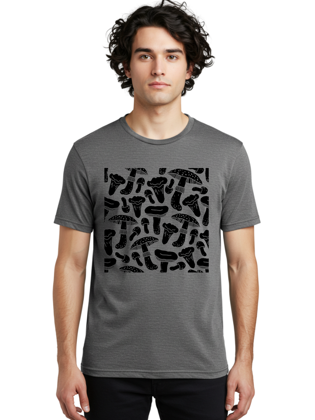 Mushroom-Pattern Men'S Graphic Tee, 100% Cotton, Comfortable Casual Summer Wear, Machine Washable, Mushroom Patterns, Fantasy Fungi, Black Silhouettes, Detailed Illustrations, Whimsical Design, Stylized Mushrooms, Nature-Inspired Art, -  Aaa607