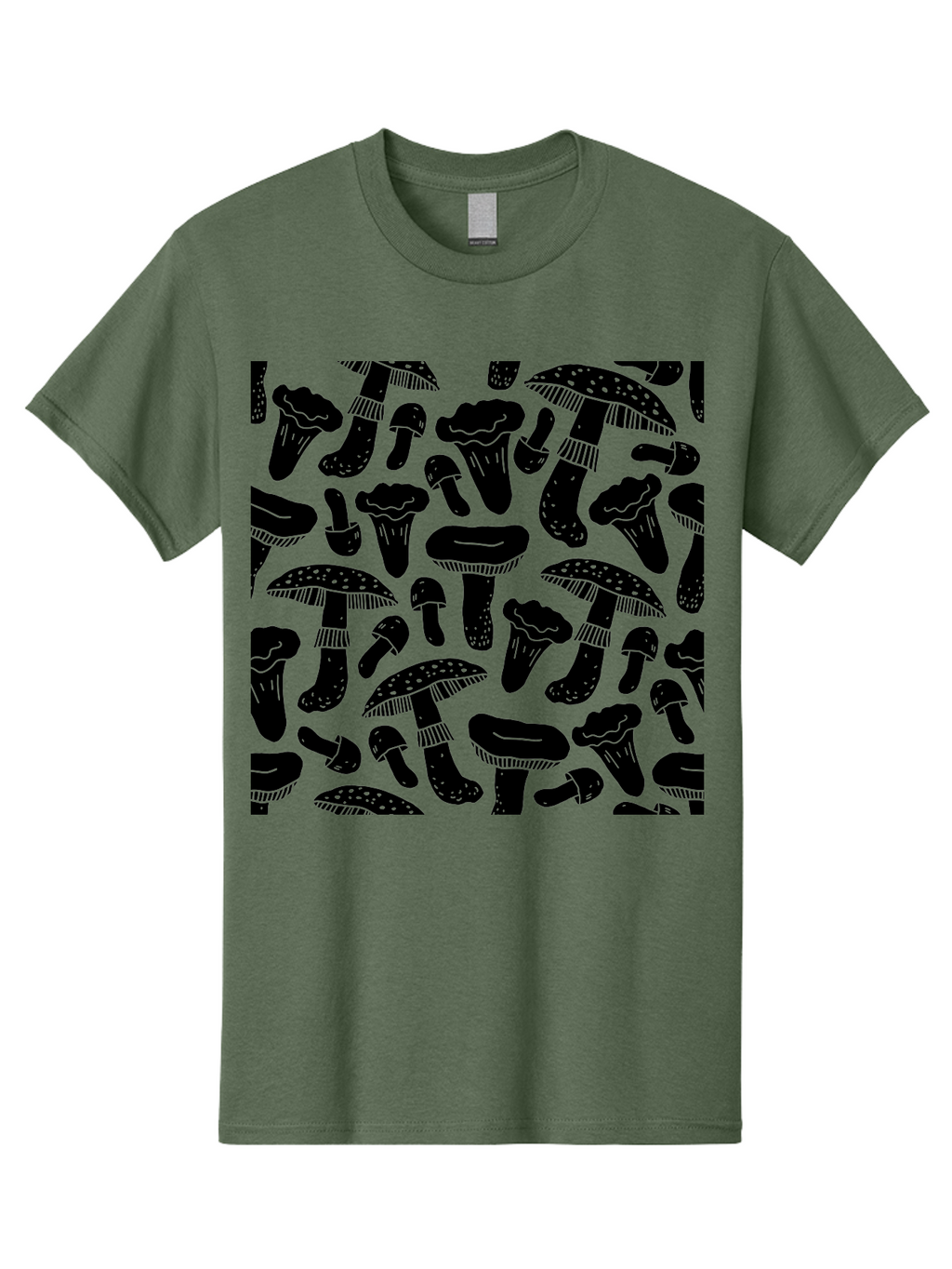 Mushroom-Pattern Men'S Graphic Tee, 100% Cotton, Comfortable Casual Summer Wear, Machine Washable, Mushroom Patterns, Fantasy Fungi, Black Silhouettes, Detailed Illustrations, Whimsical Design, Stylized Mushrooms, Nature-Inspired Art, -  Aaa607
