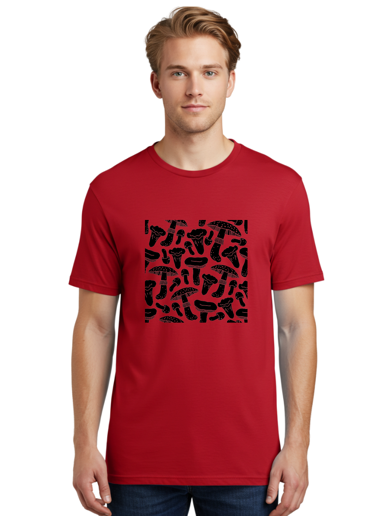 Mushroom-Pattern Men'S Graphic Tee, 100% Cotton, Comfortable Casual Summer Wear, Machine Washable, Mushroom Patterns, Fantasy Fungi, Black Silhouettes, Detailed Illustrations, Whimsical Design, Stylized Mushrooms, Nature-Inspired Art, -  Aaa607
