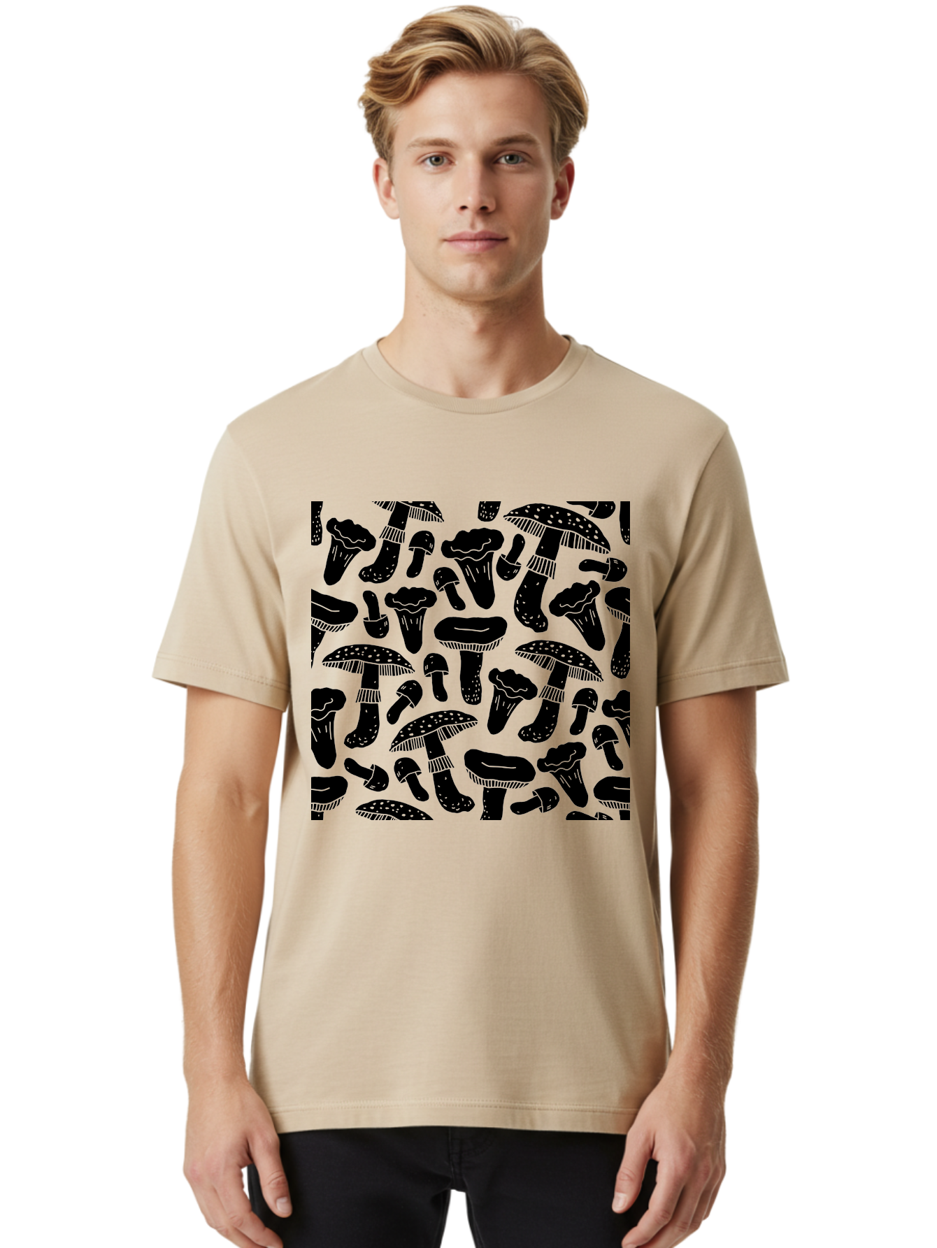 Mushroom-Pattern Men'S Graphic Tee, 100% Cotton, Comfortable Casual Summer Wear, Machine Washable, Mushroom Patterns, Fantasy Fungi, Black Silhouettes, Detailed Illustrations, Whimsical Design, Stylized Mushrooms, Nature-Inspired Art, -  Aaa607