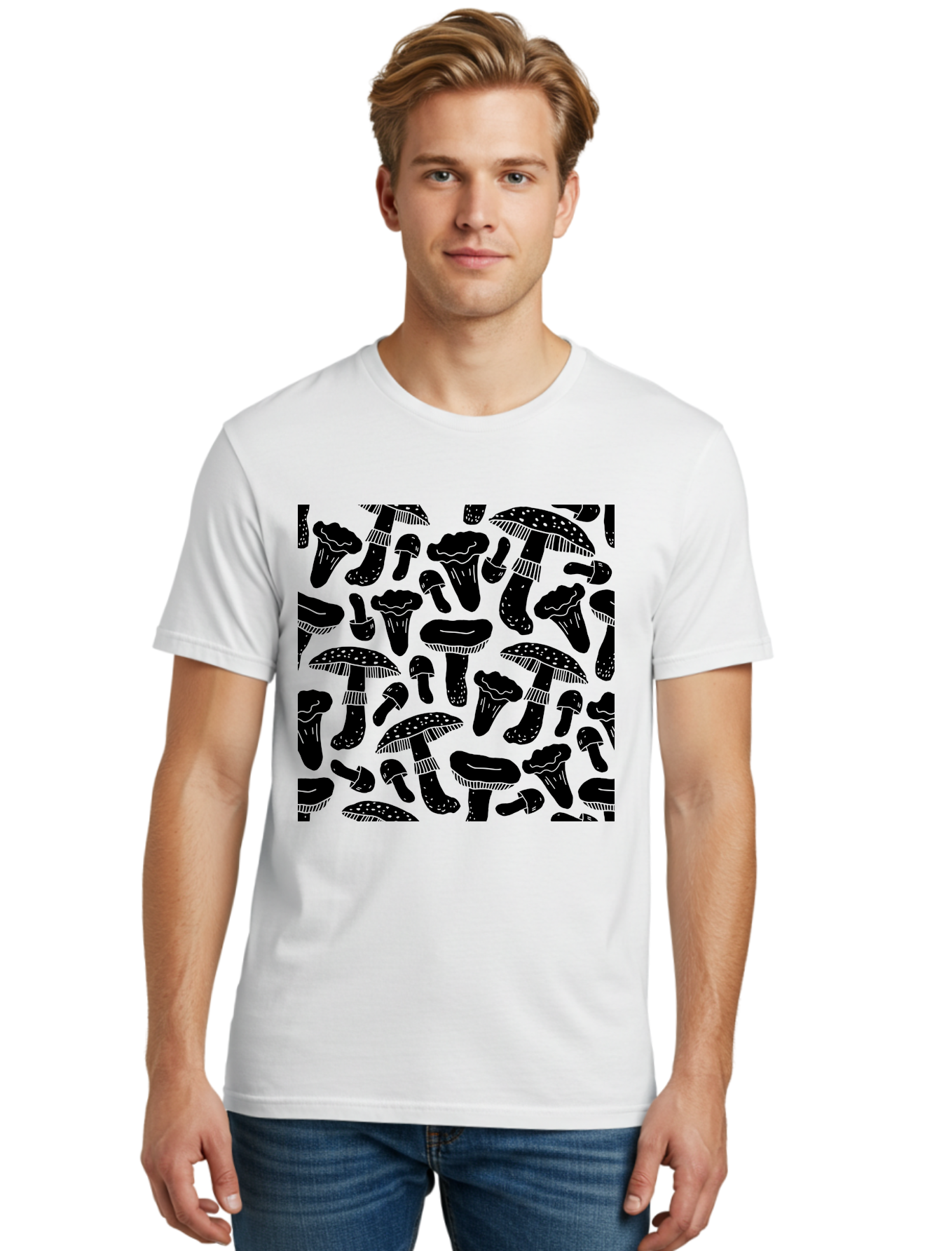 Mushroom-Pattern Men'S Graphic Tee, 100% Cotton, Comfortable Casual Summer Wear, Machine Washable, Mushroom Patterns, Fantasy Fungi, Black Silhouettes, Detailed Illustrations, Whimsical Design, Stylized Mushrooms, Nature-Inspired Art, -  Aaa607