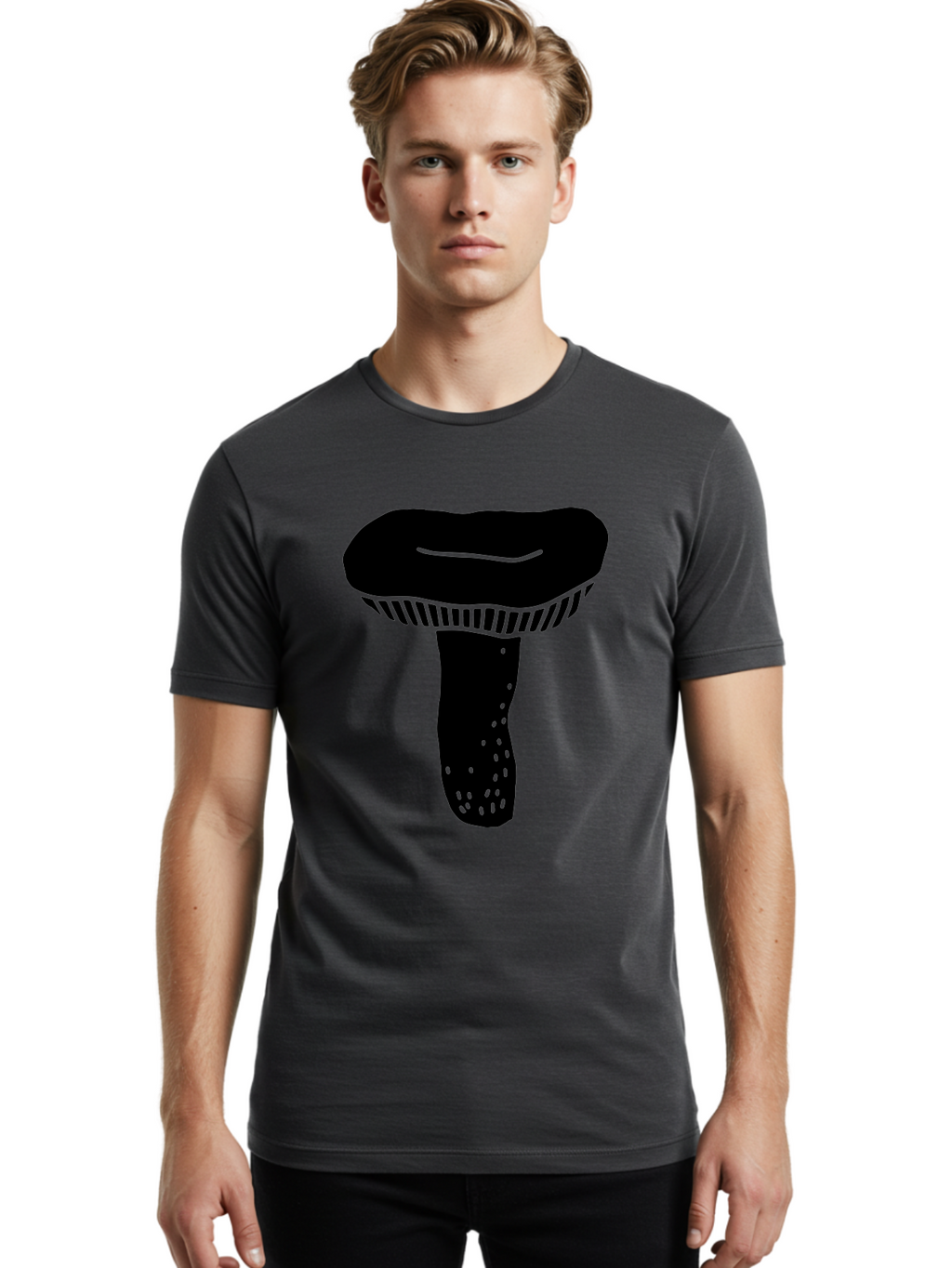 Mushroom Men'S Graphic Tee, 100% Cotton, Comfortable Casual Summer Wear, Machine Washable, Black Mushroom, Simple Design, Minimalist Art, Fungal Illustration, Stylized Fungus, Green Accents, Abstract Shape, Modern Graphics, -  Aaa608