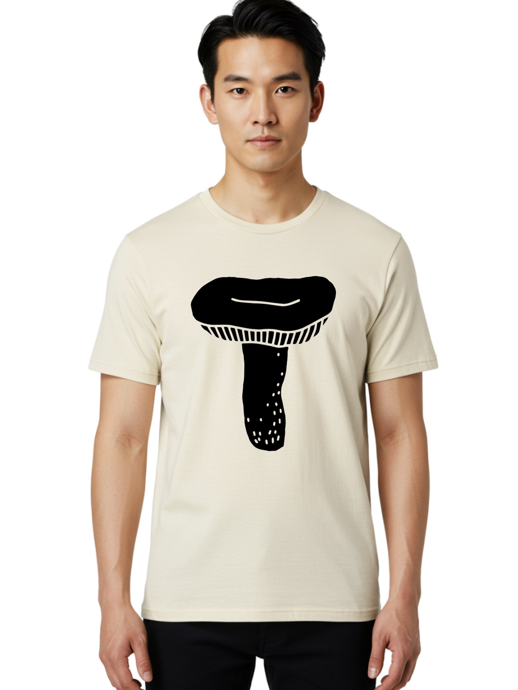 Mushroom Men'S Graphic Tee, 100% Cotton, Comfortable Casual Summer Wear, Machine Washable, Black Mushroom, Simple Design, Minimalist Art, Fungal Illustration, Stylized Fungus, Green Accents, Abstract Shape, Modern Graphics, -  Aaa608