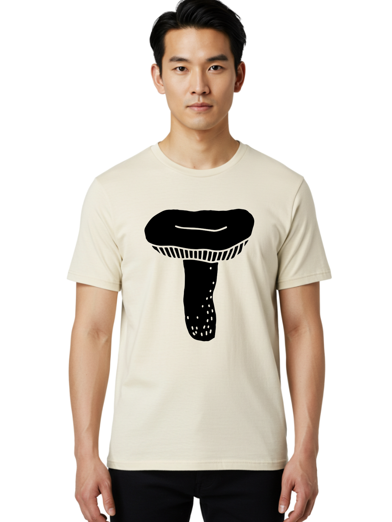 Mushroom Men'S Graphic Tee, 100% Cotton, Comfortable Casual Summer Wear, Machine Washable, Black Mushroom, Simple Design, Minimalist Art, Fungal Illustration, Stylized Fungus, Green Accents, Abstract Shape, Modern Graphics, -  Aaa608