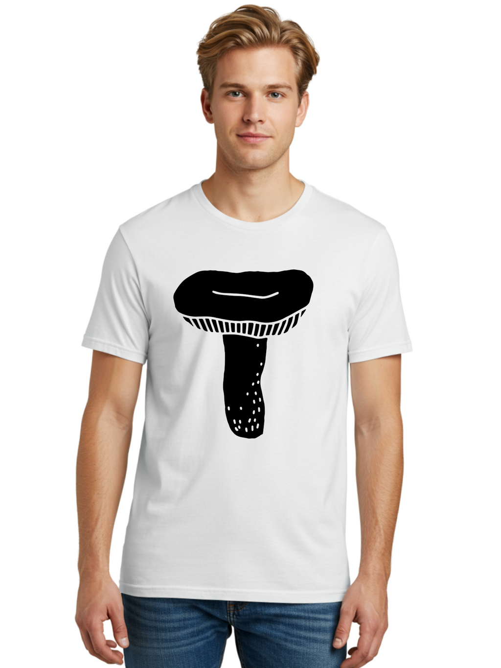Mushroom Men'S Graphic Tee, 100% Cotton, Comfortable Casual Summer Wear, Machine Washable, Black Mushroom, Simple Design, Minimalist Art, Fungal Illustration, Stylized Fungus, Green Accents, Abstract Shape, Modern Graphics, -  Aaa608