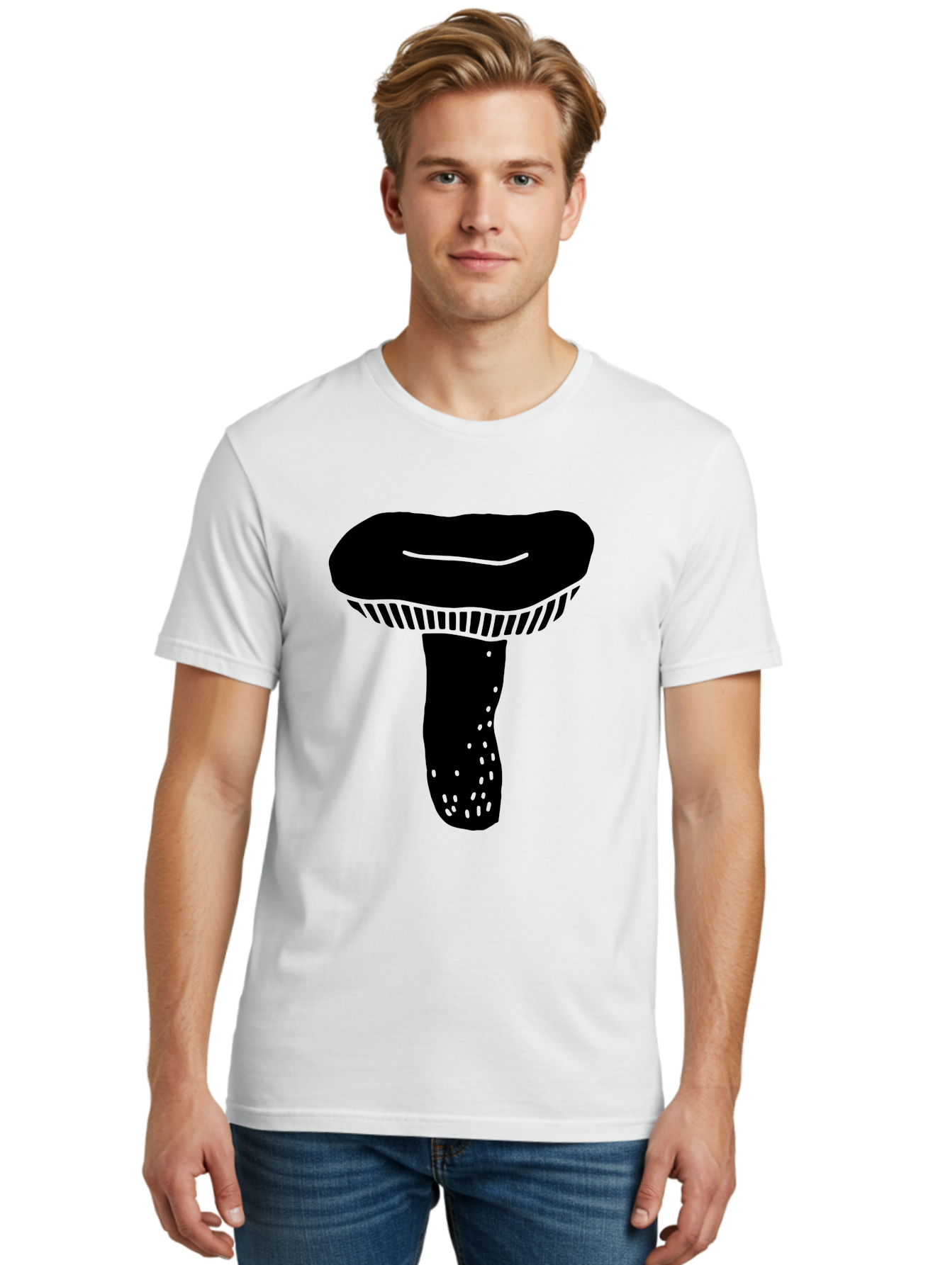 Mushroom Men'S Graphic Tee, 100% Cotton, Comfortable Casual Summer Wear, Machine Washable, Black Mushroom, Simple Design, Minimalist Art, Fungal Illustration, Stylized Fungus, Green Accents, Abstract Shape, Modern Graphics, -  Aaa608