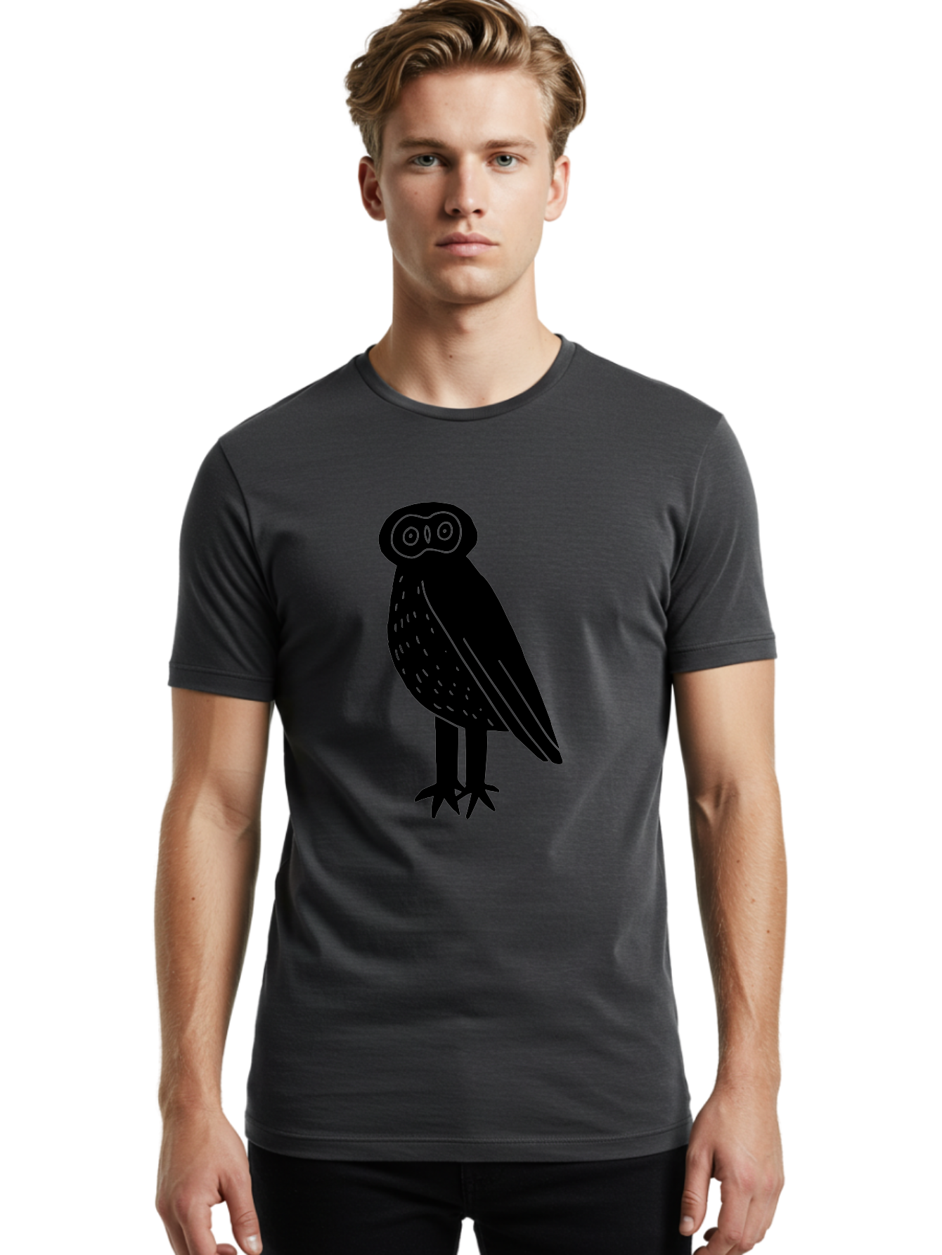 Owl Men'S Graphic Tee, 100% Cotton, Comfortable Casual Summer Wear, Machine Washable, Owl Silhouette, Minimalist Design, Simple Art, Black And Green, Wildlife Illustration, Nocturnal Bird, Abstract Owl -  Aaa609