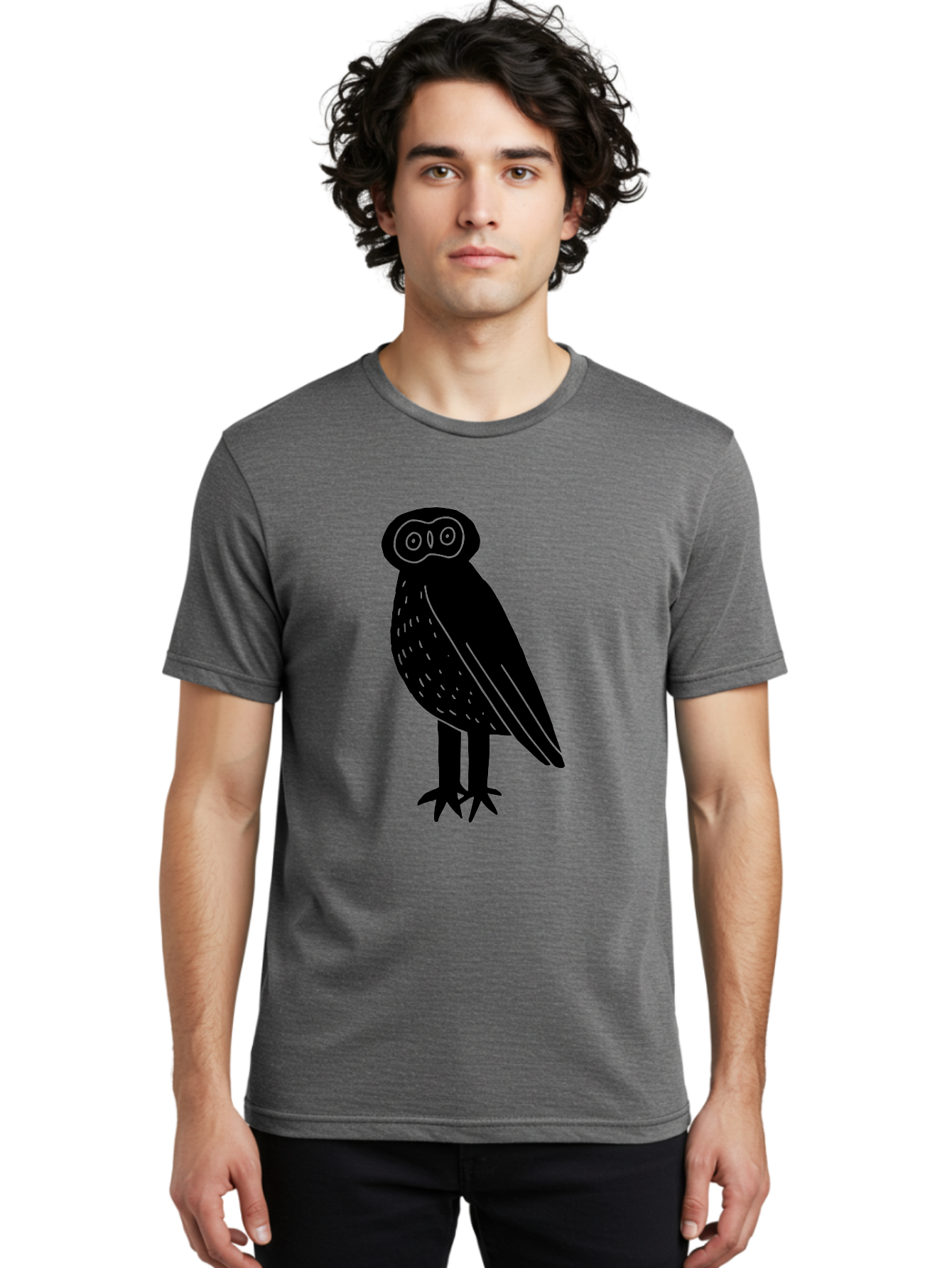 Owl Men'S Graphic Tee, 100% Cotton, Comfortable Casual Summer Wear, Machine Washable, Owl Silhouette, Minimalist Design, Simple Art, Black And Green, Wildlife Illustration, Nocturnal Bird, Abstract Owl -  Aaa609