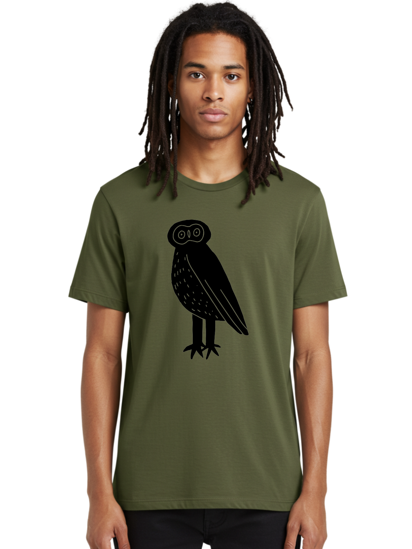Owl Men'S Graphic Tee, 100% Cotton, Comfortable Casual Summer Wear, Machine Washable, Owl Silhouette, Minimalist Design, Simple Art, Black And Green, Wildlife Illustration, Nocturnal Bird, Abstract Owl -  Aaa609