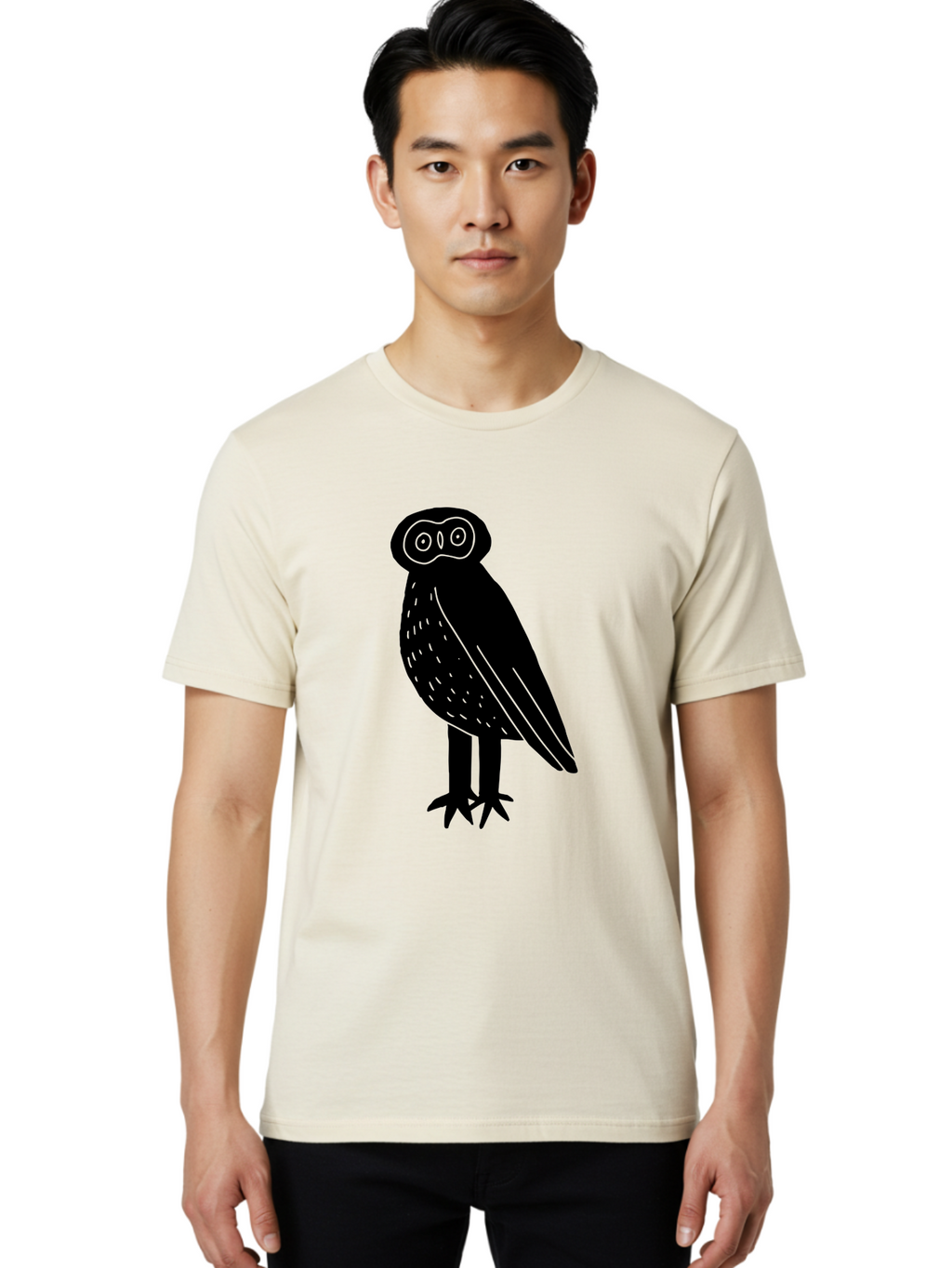 Owl Men'S Graphic Tee, 100% Cotton, Comfortable Casual Summer Wear, Machine Washable, Owl Silhouette, Minimalist Design, Simple Art, Black And Green, Wildlife Illustration, Nocturnal Bird, Abstract Owl -  Aaa609