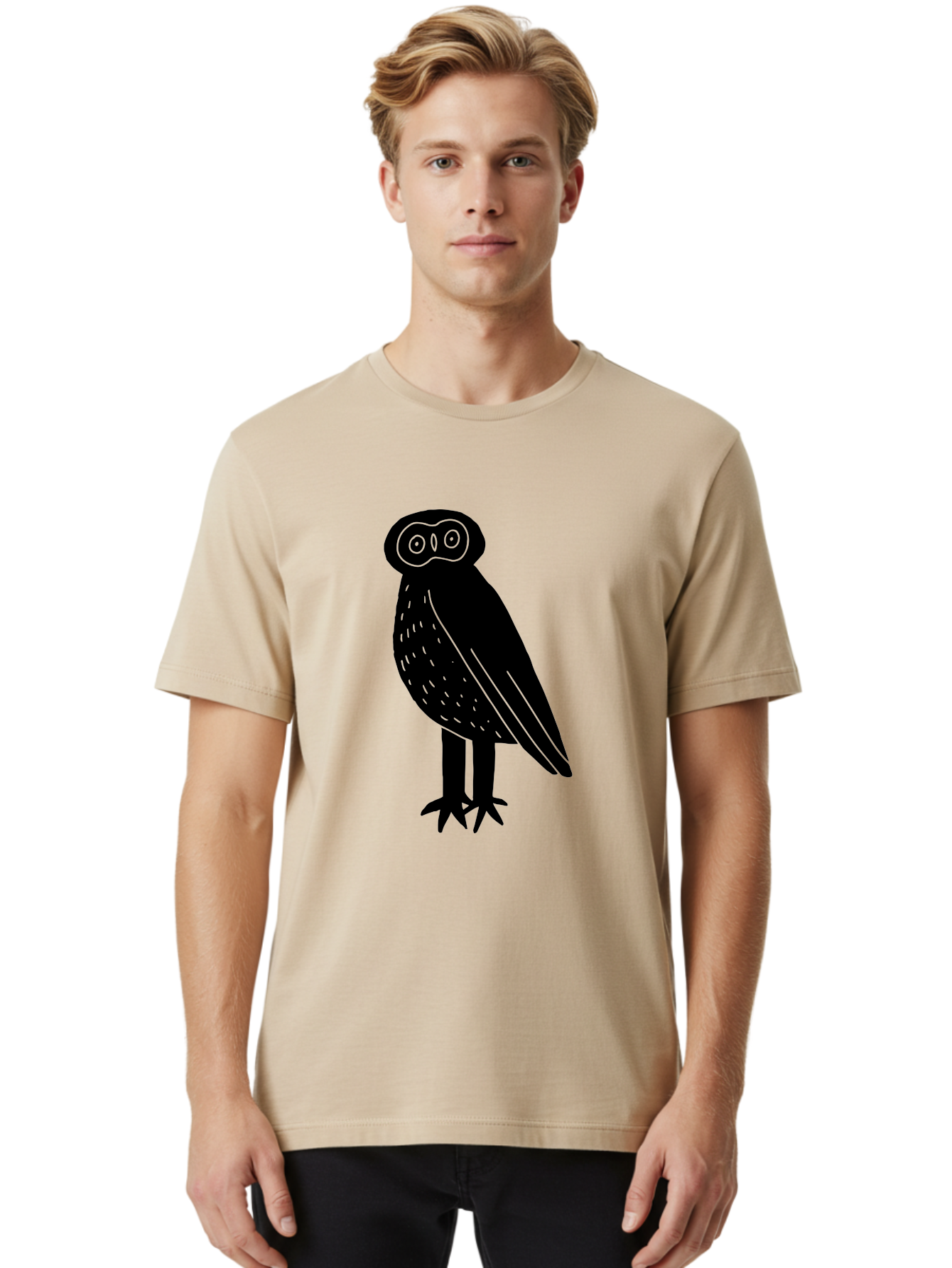 Owl Men'S Graphic Tee, 100% Cotton, Comfortable Casual Summer Wear, Machine Washable, Owl Silhouette, Minimalist Design, Simple Art, Black And Green, Wildlife Illustration, Nocturnal Bird, Abstract Owl -  Aaa609