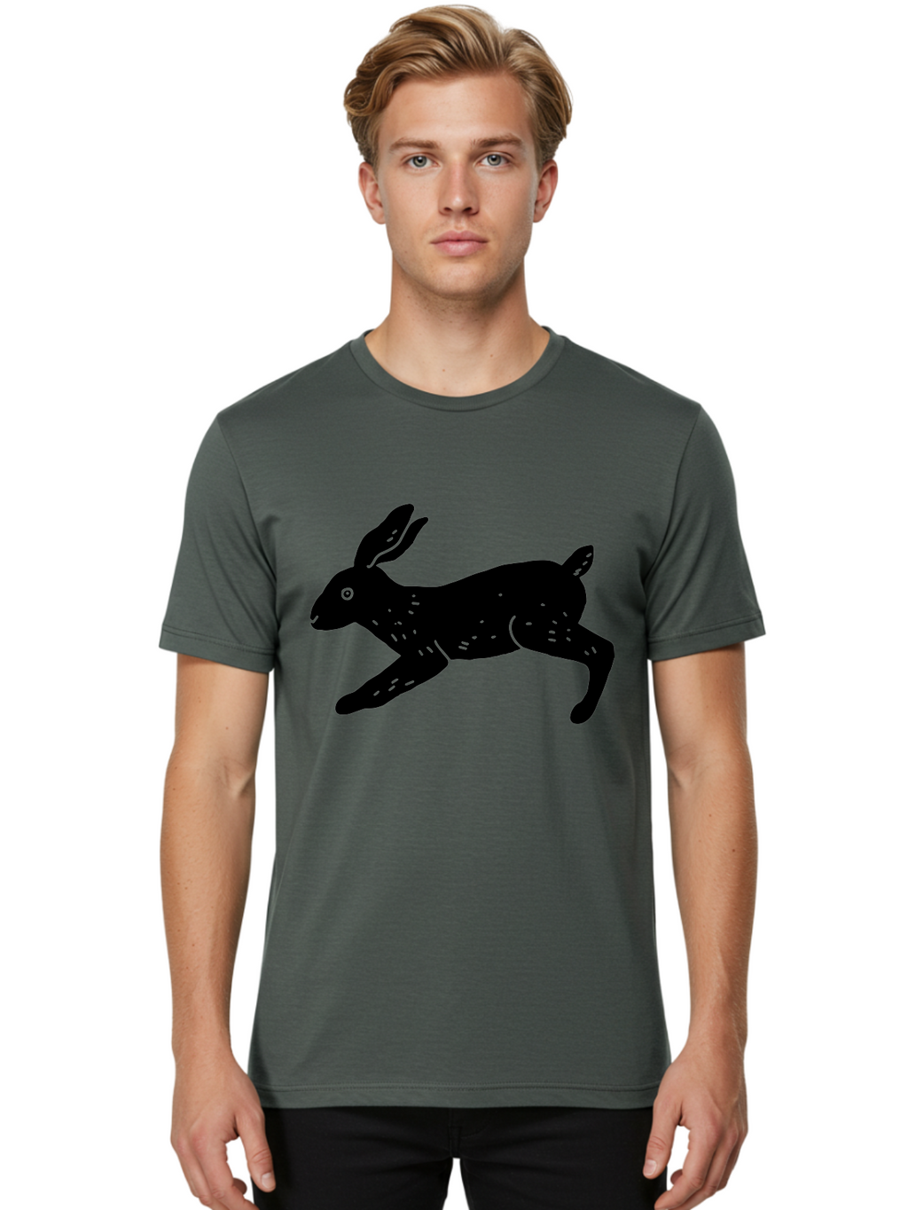 Rabbit-Silhouette Men'S Graphic Tee, 100% Cotton, Comfortable Casual Summer Wear, Machine Washable, Running Rabbit, Black Silhouette, Neon Green Accents, Dynamic Movement, Simple Design, Abstract Art, Minimalist Style, Rabbit Illustration -  Aaa610
