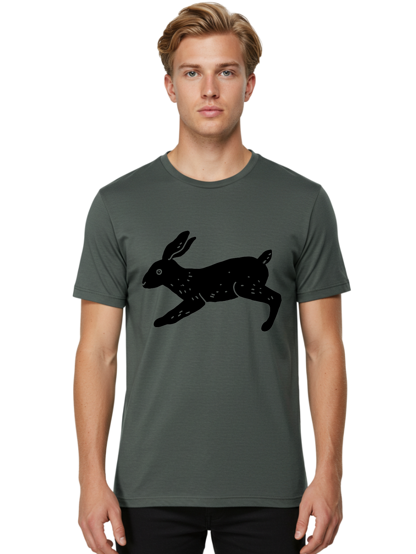 Rabbit-Silhouette Men'S Graphic Tee, 100% Cotton, Comfortable Casual Summer Wear, Machine Washable, Running Rabbit, Black Silhouette, Neon Green Accents, Dynamic Movement, Simple Design, Abstract Art, Minimalist Style, Rabbit Illustration -  Aaa610