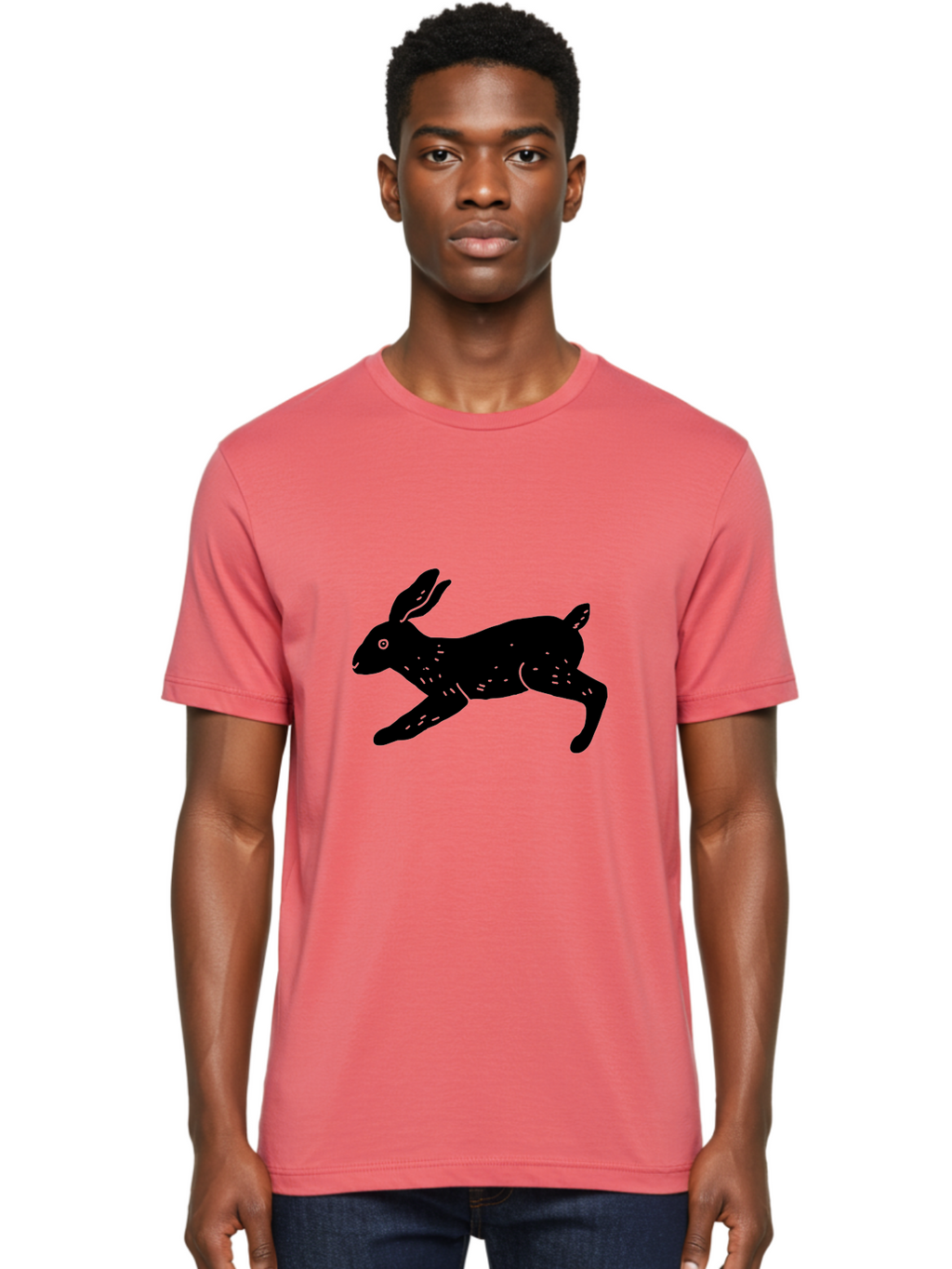 Rabbit-Silhouette Men'S Graphic Tee, 100% Cotton, Comfortable Casual Summer Wear, Machine Washable, Running Rabbit, Black Silhouette, Neon Green Accents, Dynamic Movement, Simple Design, Abstract Art, Minimalist Style, Rabbit Illustration -  Aaa610