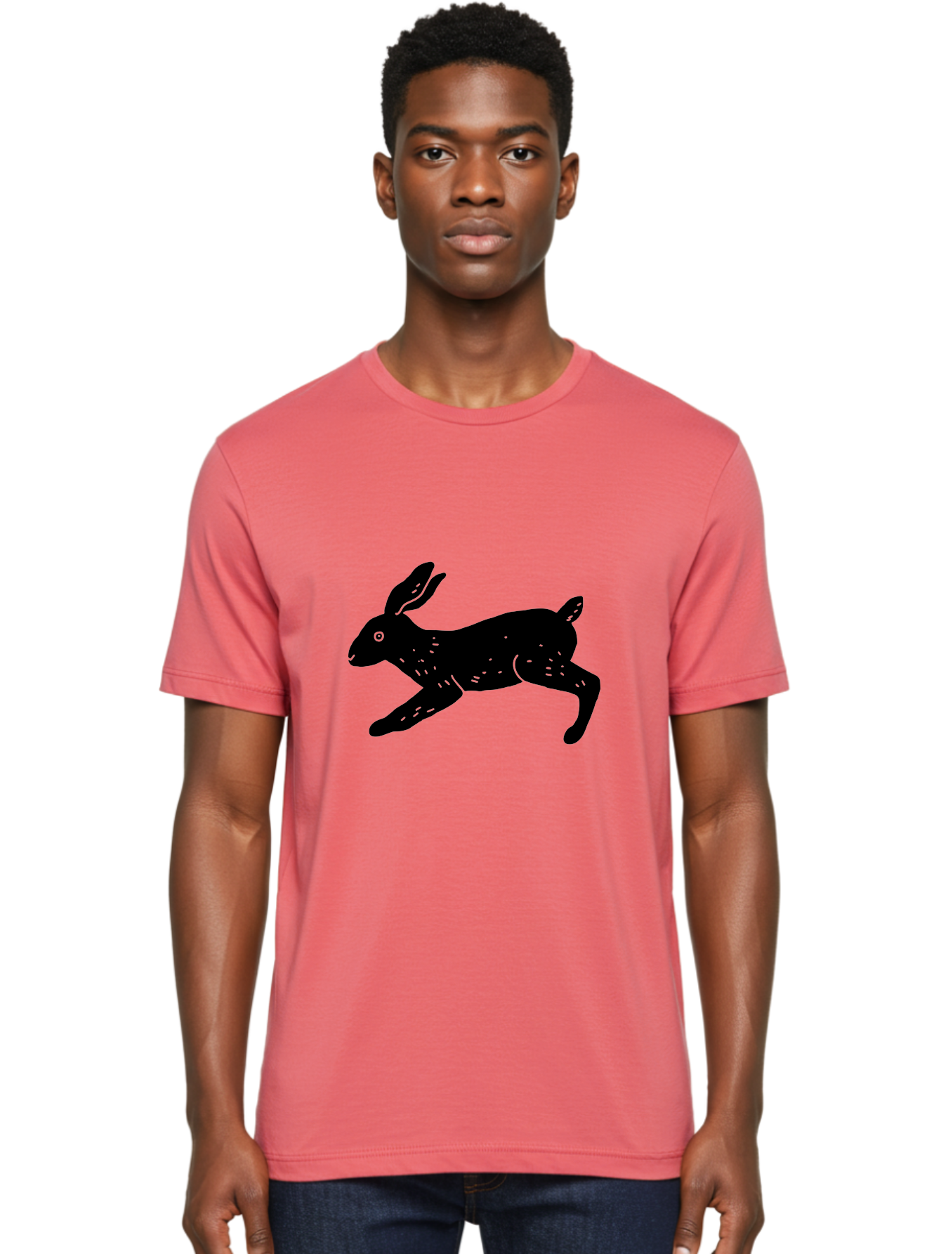 Rabbit-Silhouette Men'S Graphic Tee, 100% Cotton, Comfortable Casual Summer Wear, Machine Washable, Running Rabbit, Black Silhouette, Neon Green Accents, Dynamic Movement, Simple Design, Abstract Art, Minimalist Style, Rabbit Illustration -  Aaa610