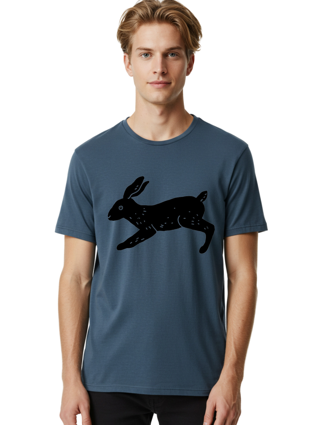 Rabbit-Silhouette Men'S Graphic Tee, 100% Cotton, Comfortable Casual Summer Wear, Machine Washable, Running Rabbit, Black Silhouette, Neon Green Accents, Dynamic Movement, Simple Design, Abstract Art, Minimalist Style, Rabbit Illustration -  Aaa610