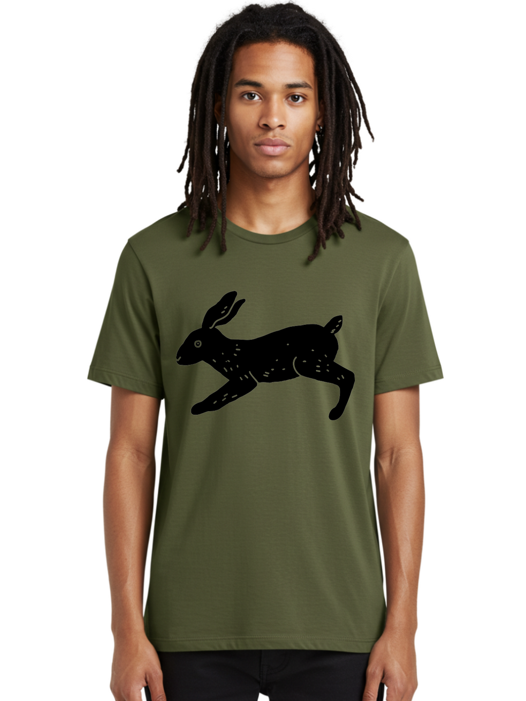 Rabbit-Silhouette Men'S Graphic Tee, 100% Cotton, Comfortable Casual Summer Wear, Machine Washable, Running Rabbit, Black Silhouette, Neon Green Accents, Dynamic Movement, Simple Design, Abstract Art, Minimalist Style, Rabbit Illustration -  Aaa610