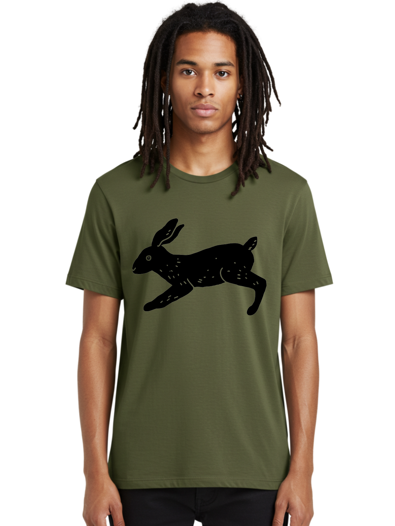 Rabbit-Silhouette Men'S Graphic Tee, 100% Cotton, Comfortable Casual Summer Wear, Machine Washable, Running Rabbit, Black Silhouette, Neon Green Accents, Dynamic Movement, Simple Design, Abstract Art, Minimalist Style, Rabbit Illustration -  Aaa610