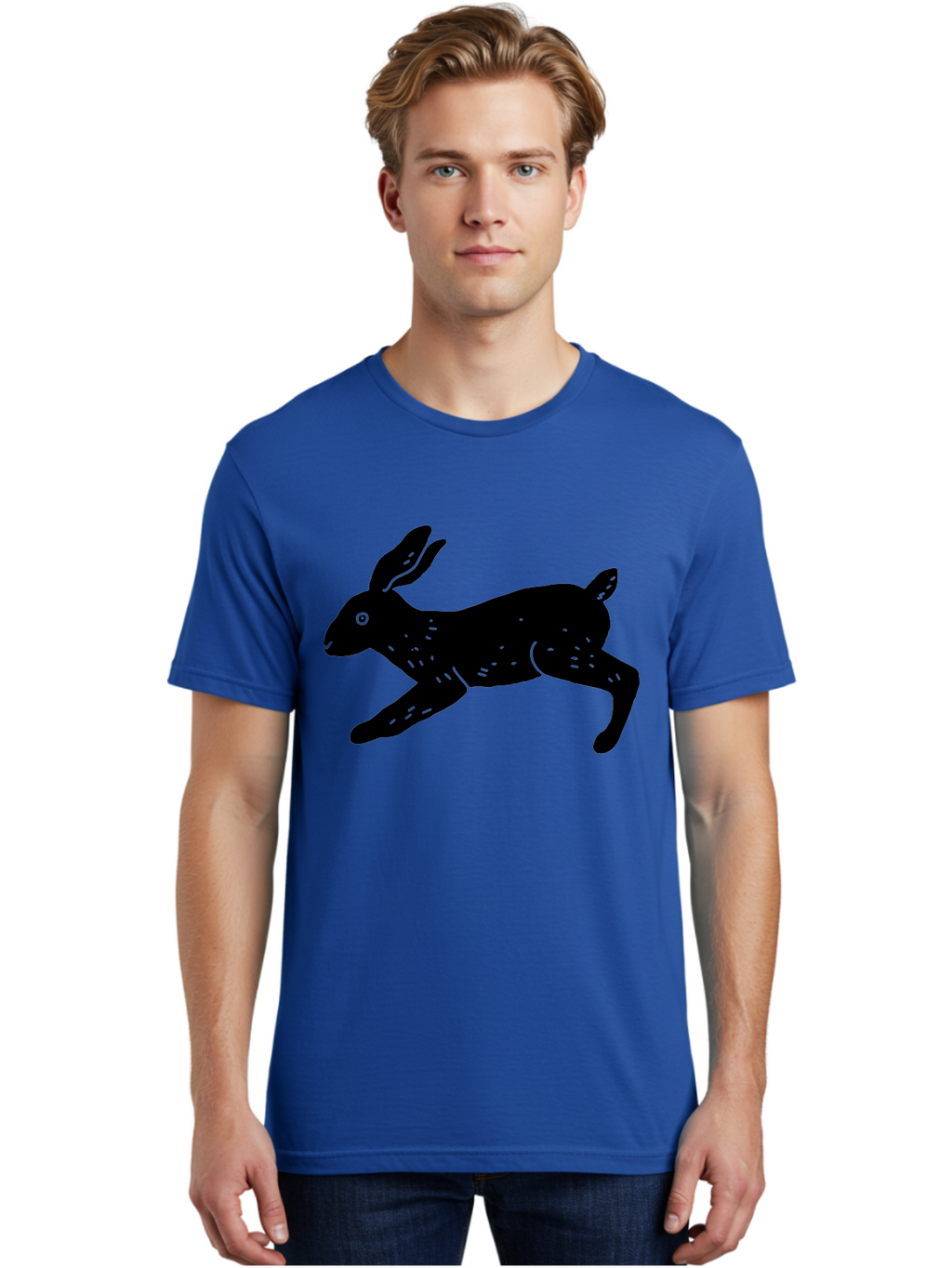 Rabbit-Silhouette Men'S Graphic Tee, 100% Cotton, Comfortable Casual Summer Wear, Machine Washable, Running Rabbit, Black Silhouette, Neon Green Accents, Dynamic Movement, Simple Design, Abstract Art, Minimalist Style, Rabbit Illustration -  Aaa610