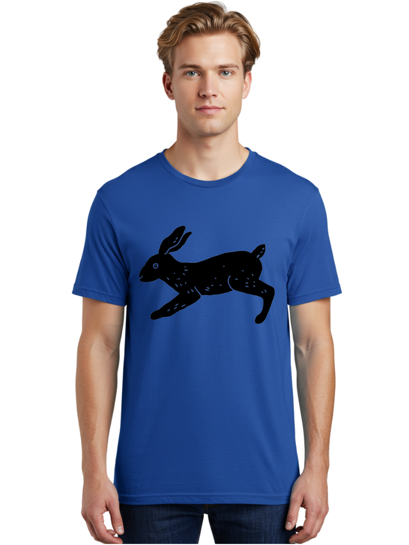 Rabbit-Silhouette Men'S Graphic Tee, 100% Cotton, Comfortable Casual Summer Wear, Machine Washable, Running Rabbit, Black Silhouette, Neon Green Accents, Dynamic Movement, Simple Design, Abstract Art, Minimalist Style, Rabbit Illustration -  Aaa610