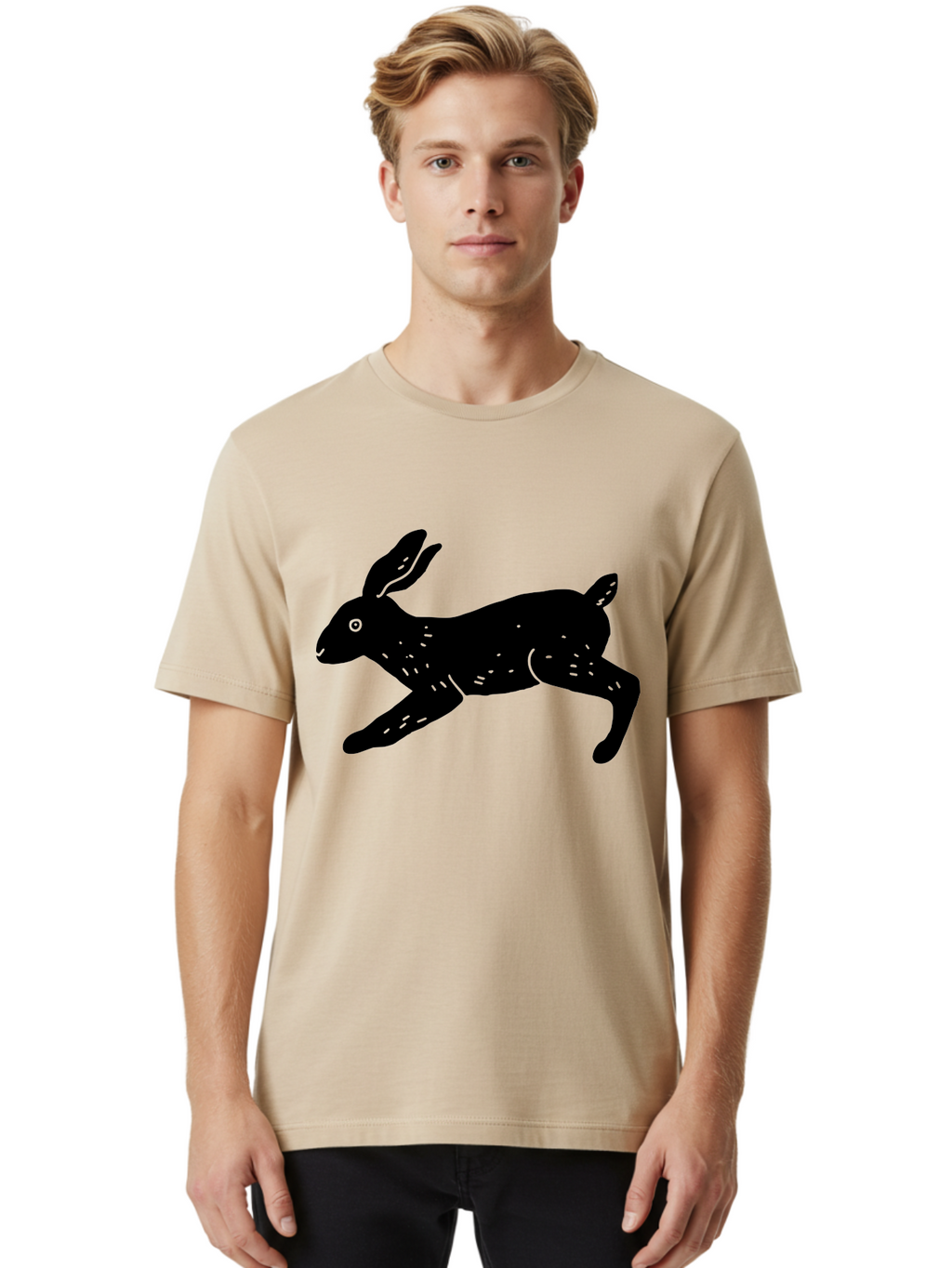 Rabbit-Silhouette Men'S Graphic Tee, 100% Cotton, Comfortable Casual Summer Wear, Machine Washable, Running Rabbit, Black Silhouette, Neon Green Accents, Dynamic Movement, Simple Design, Abstract Art, Minimalist Style, Rabbit Illustration -  Aaa610