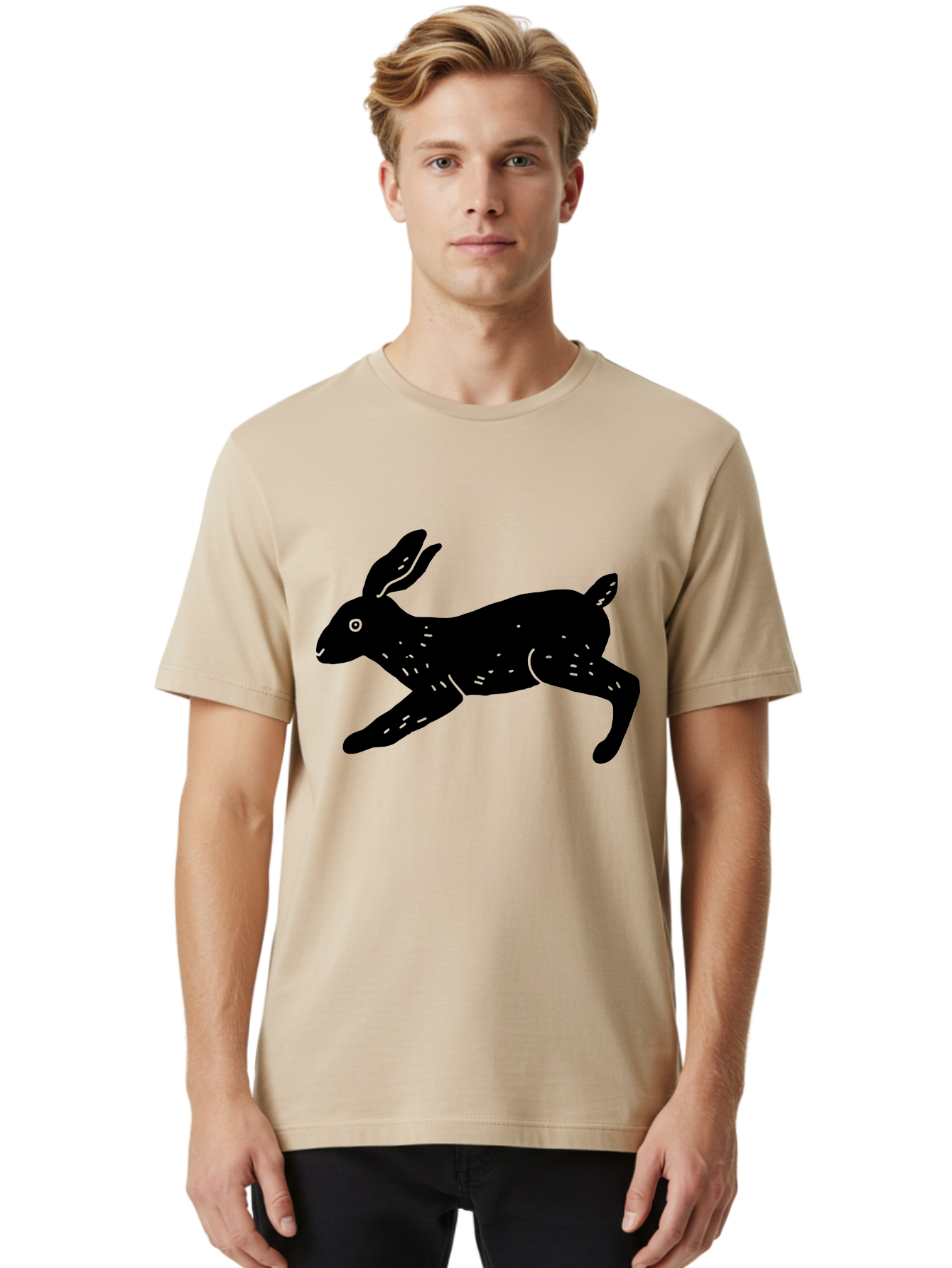 Rabbit-Silhouette Men'S Graphic Tee, 100% Cotton, Comfortable Casual Summer Wear, Machine Washable, Running Rabbit, Black Silhouette, Neon Green Accents, Dynamic Movement, Simple Design, Abstract Art, Minimalist Style, Rabbit Illustration -  Aaa610