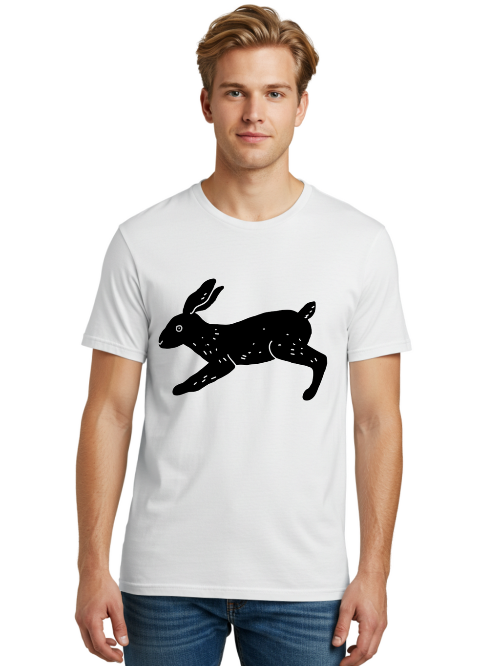 Rabbit-Silhouette Men'S Graphic Tee, 100% Cotton, Comfortable Casual Summer Wear, Machine Washable, Running Rabbit, Black Silhouette, Neon Green Accents, Dynamic Movement, Simple Design, Abstract Art, Minimalist Style, Rabbit Illustration -  Aaa610