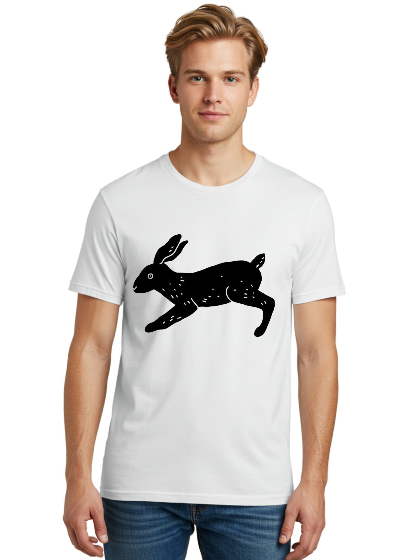 Rabbit-Silhouette Men'S Graphic Tee, 100% Cotton, Comfortable Casual Summer Wear, Machine Washable, Running Rabbit, Black Silhouette, Neon Green Accents, Dynamic Movement, Simple Design, Abstract Art, Minimalist Style, Rabbit Illustration -  Aaa610
