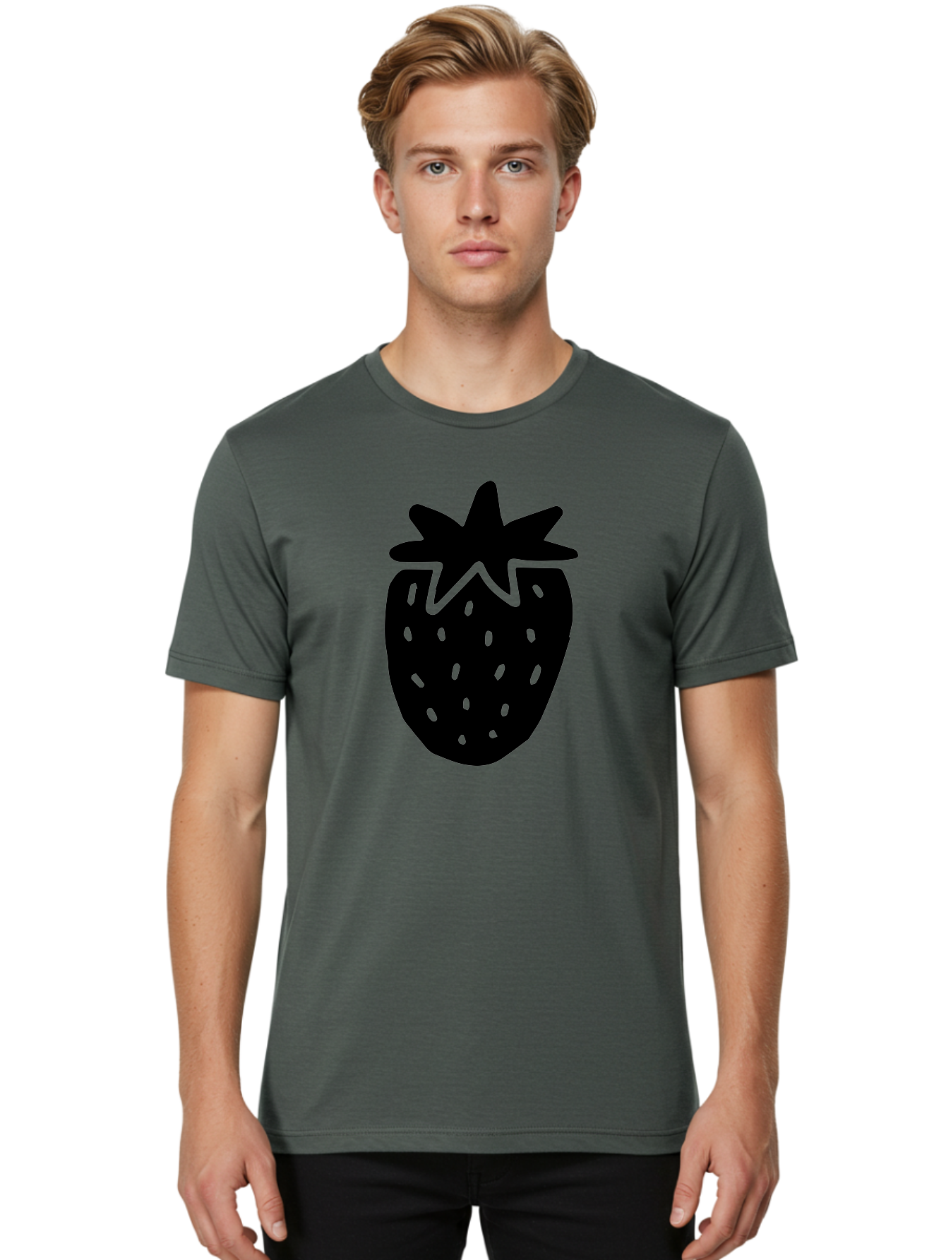 Strawberry Men'S Graphic Tee, 100% Cotton, Comfortable Casual Summer Wear, Machine Washable, Strawberry Silhouette, Simple Illustration, Strawberry Graphic, Black And Green, Fruit Icon, Summer Fruit -  Aaa612