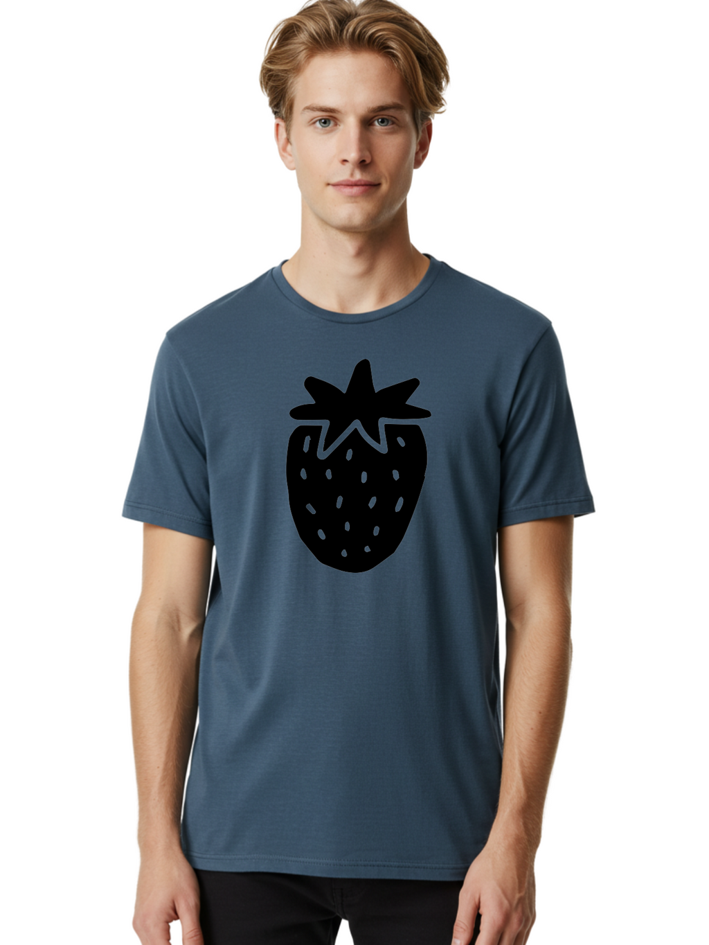 Strawberry Men'S Graphic Tee, 100% Cotton, Comfortable Casual Summer Wear, Machine Washable, Strawberry Silhouette, Simple Illustration, Strawberry Graphic, Black And Green, Fruit Icon, Summer Fruit -  Aaa612