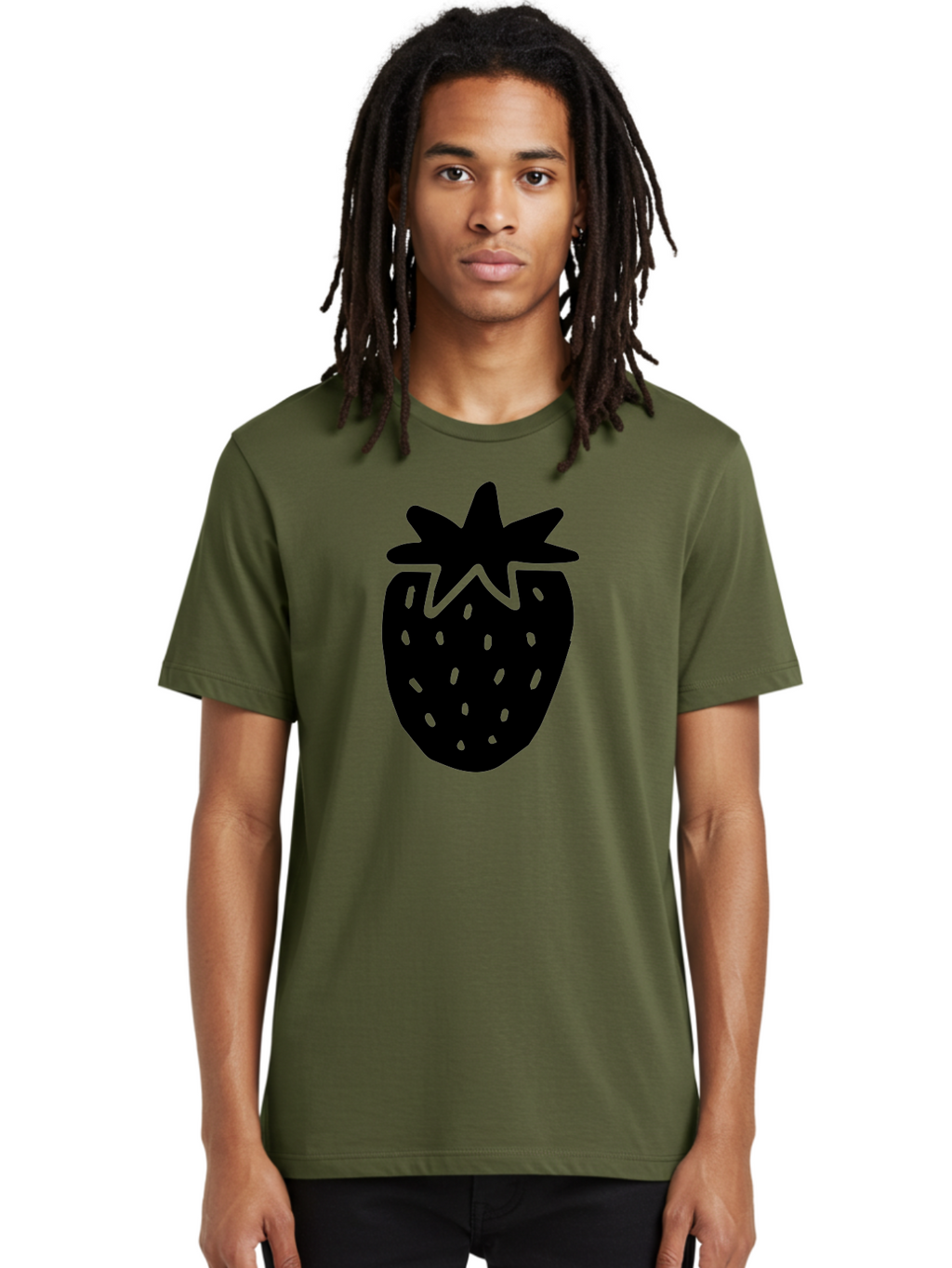 Strawberry Men'S Graphic Tee, 100% Cotton, Comfortable Casual Summer Wear, Machine Washable, Strawberry Silhouette, Simple Illustration, Strawberry Graphic, Black And Green, Fruit Icon, Summer Fruit -  Aaa612