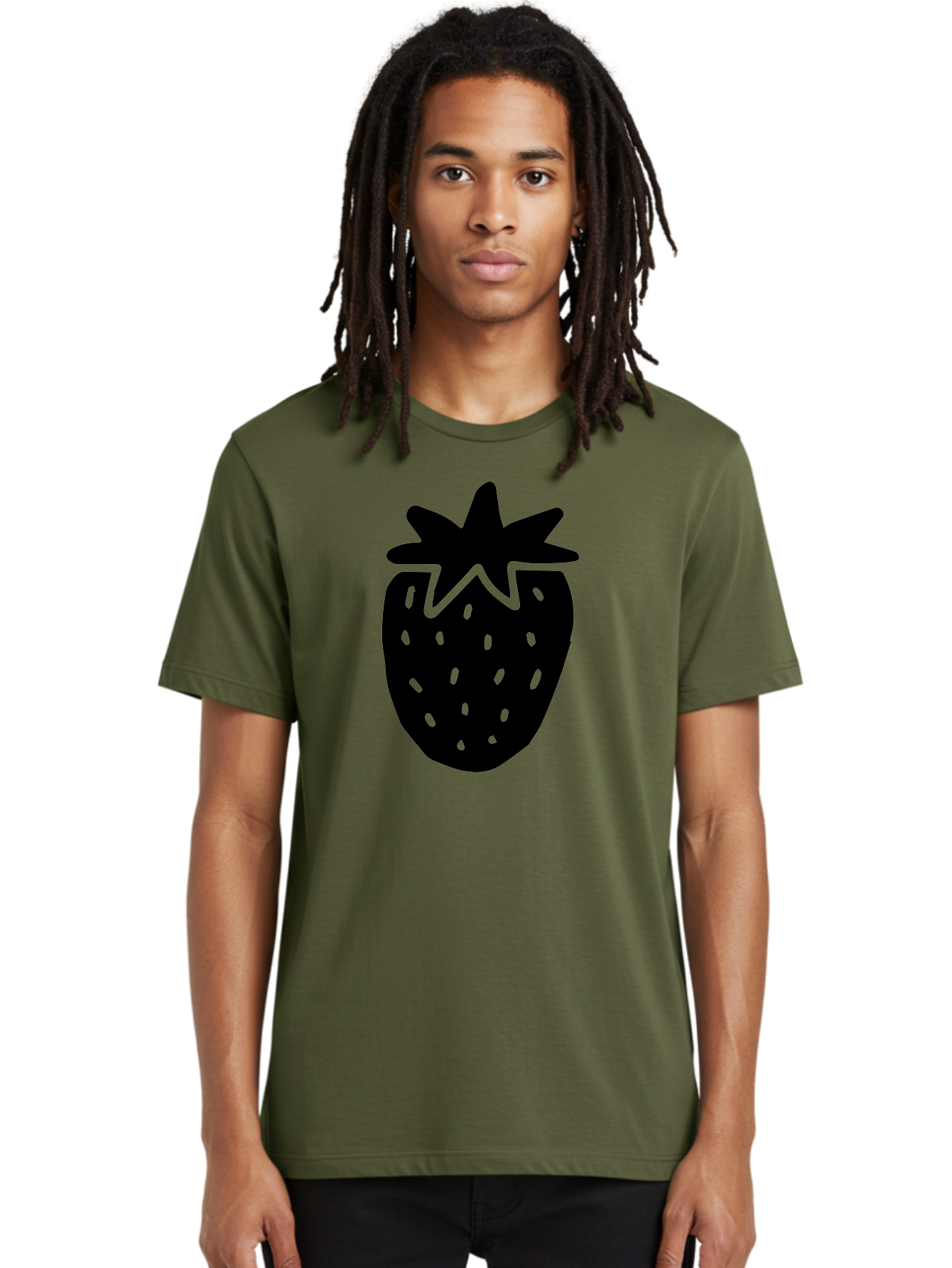 Strawberry Men'S Graphic Tee, 100% Cotton, Comfortable Casual Summer Wear, Machine Washable, Strawberry Silhouette, Simple Illustration, Strawberry Graphic, Black And Green, Fruit Icon, Summer Fruit -  Aaa612