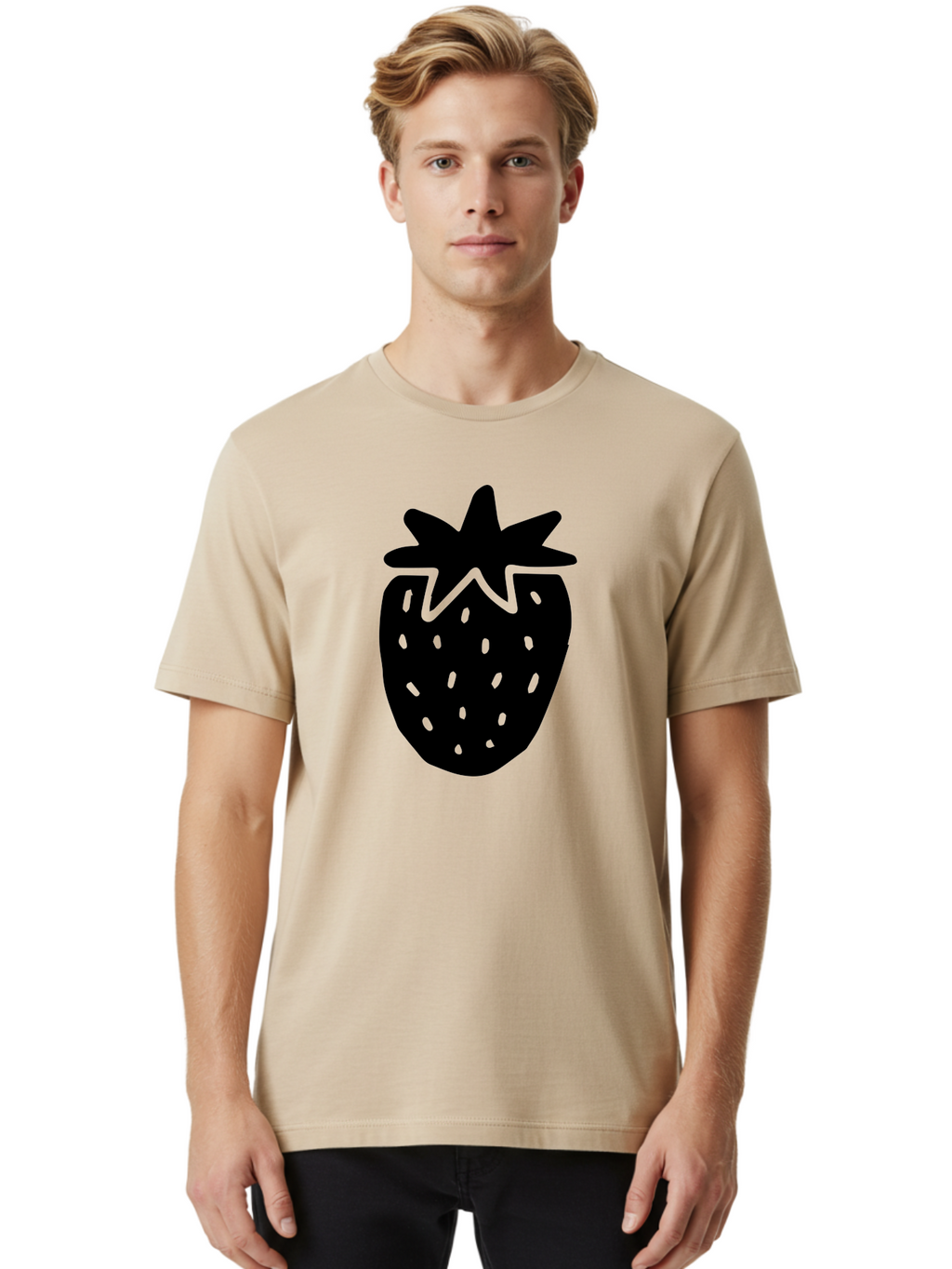Strawberry Men'S Graphic Tee, 100% Cotton, Comfortable Casual Summer Wear, Machine Washable, Strawberry Silhouette, Simple Illustration, Strawberry Graphic, Black And Green, Fruit Icon, Summer Fruit -  Aaa612