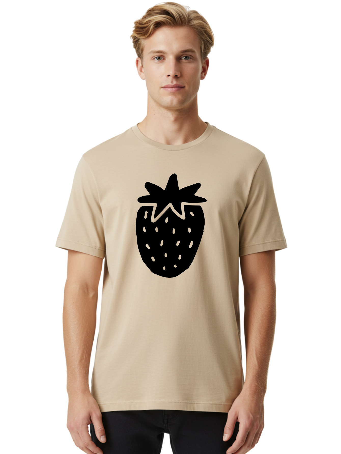 Strawberry Men'S Graphic Tee, 100% Cotton, Comfortable Casual Summer Wear, Machine Washable, Strawberry Silhouette, Simple Illustration, Strawberry Graphic, Black And Green, Fruit Icon, Summer Fruit -  Aaa612