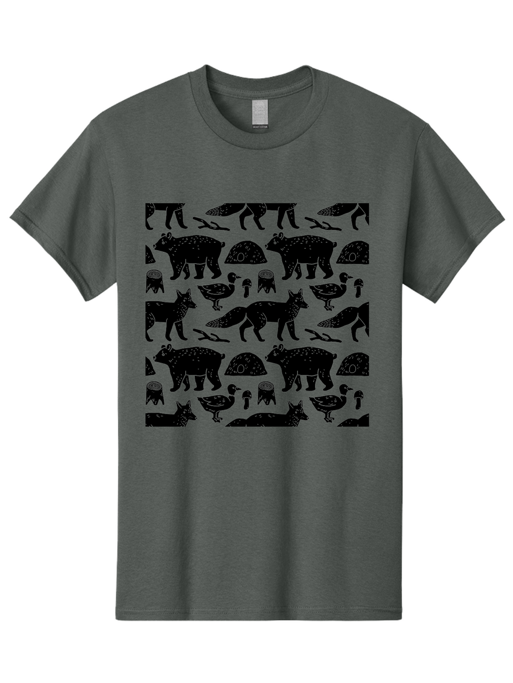 Woodland-Animal-Pattern Men'S Graphic Tee, 100% Cotton, Comfortable Casual Summer Wear, Machine Washable, Black Silhouettes Of Bears, Foxes, Birds, Mushrooms, Branches, Forest Creatures, Wildlife Pattern, Nature Design, Forest Theme, -  Aaa618