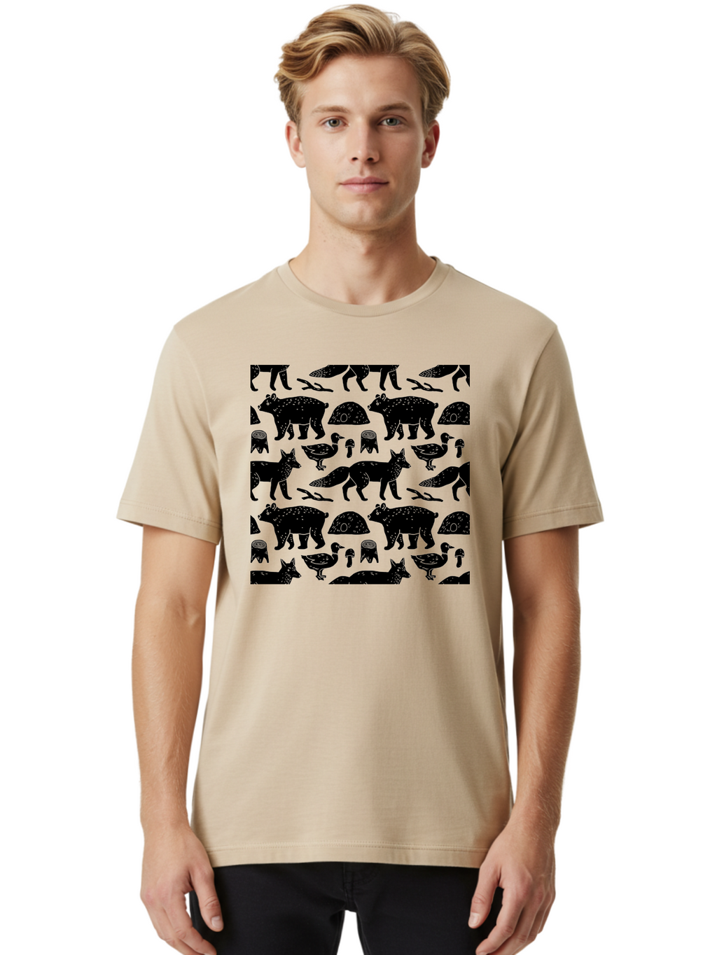 Woodland-Animal-Pattern Men'S Graphic Tee, 100% Cotton, Comfortable Casual Summer Wear, Machine Washable, Black Silhouettes Of Bears, Foxes, Birds, Mushrooms, Branches, Forest Creatures, Wildlife Pattern, Nature Design, Forest Theme, -  Aaa618