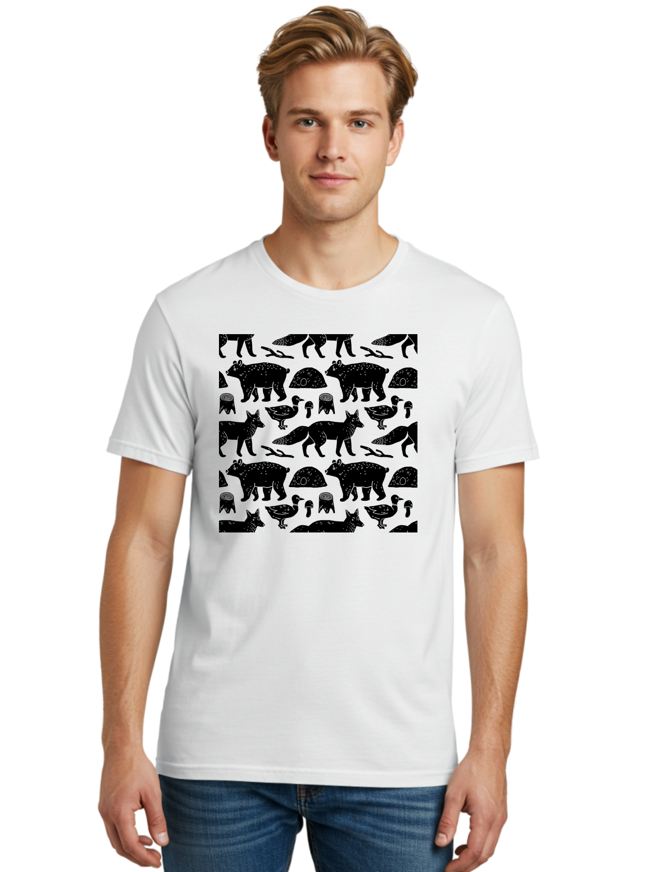 Woodland-Animal-Pattern Men'S Graphic Tee, 100% Cotton, Comfortable Casual Summer Wear, Machine Washable, Black Silhouettes Of Bears, Foxes, Birds, Mushrooms, Branches, Forest Creatures, Wildlife Pattern, Nature Design, Forest Theme, -  Aaa618