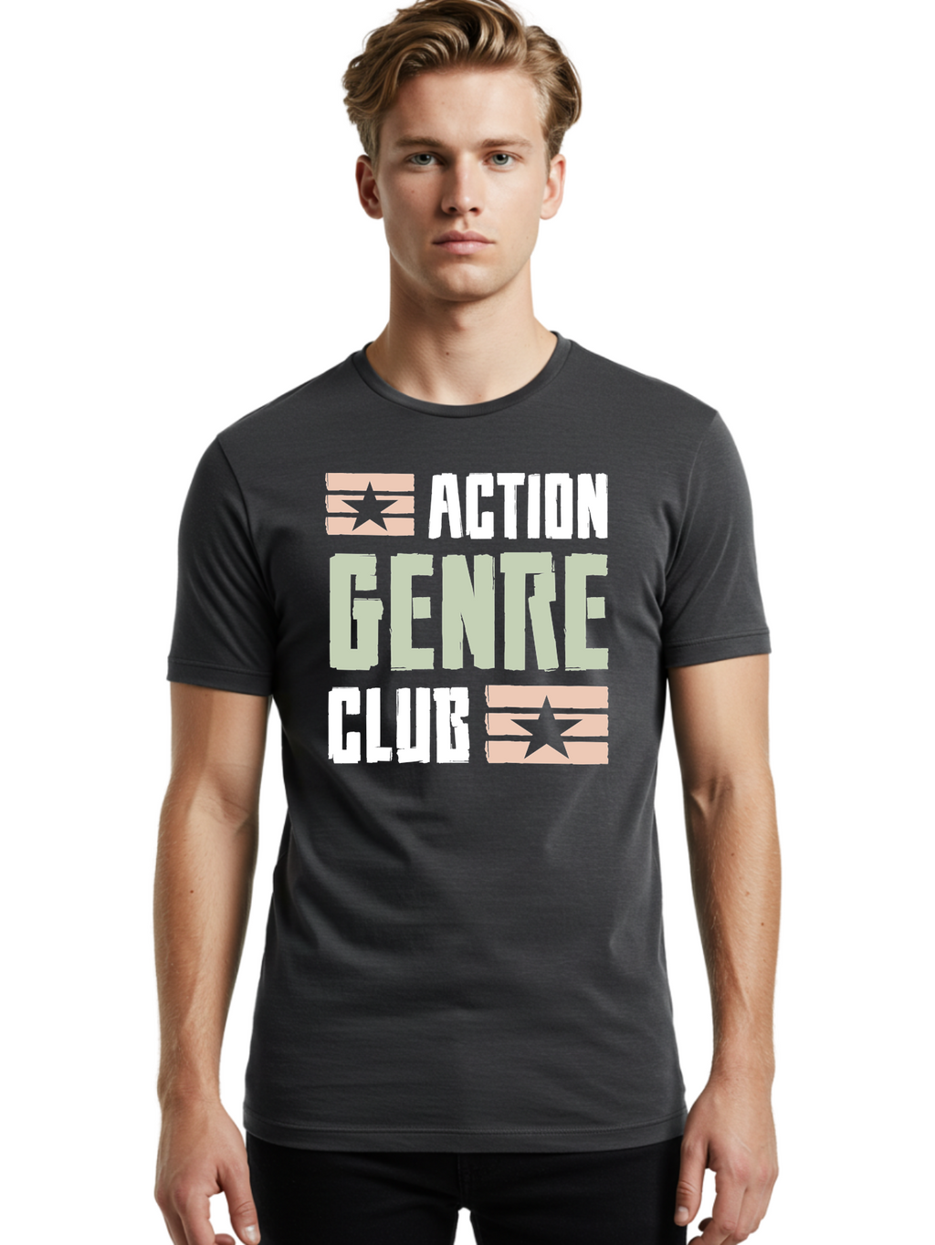 Action-Genre-Club Men'S Graphic Tee, 100% Cotton, Comfortable Casual Summer Wear, Machine Washable, Action Genre, Action Movies, Film Enthusiasts, Movie Buffs, Club Logo, Entertainment, Cinematic Experience, Adventure, Thriller, Blockbuster -  Aaa619