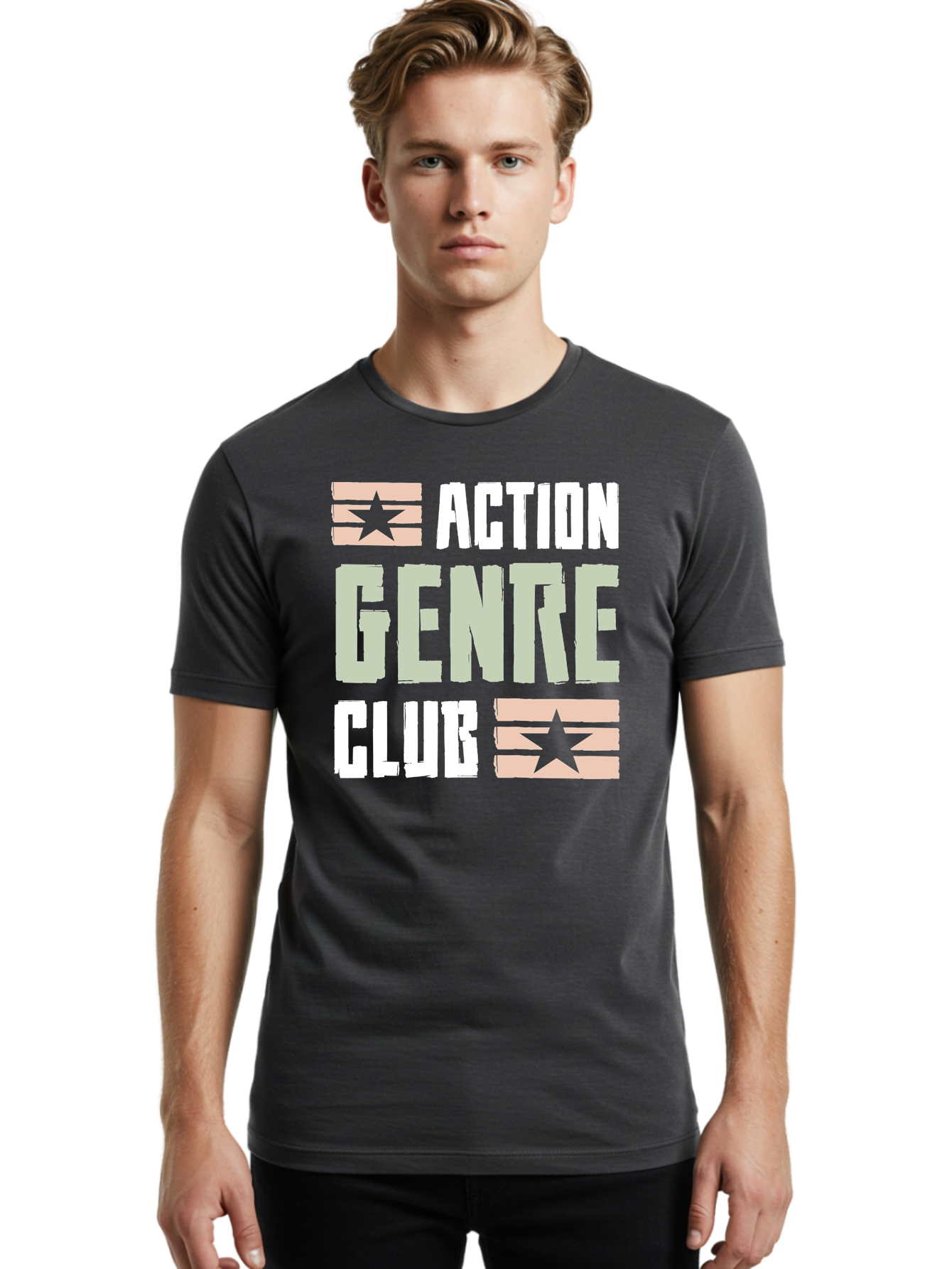 Action-Genre-Club Men'S Graphic Tee, 100% Cotton, Comfortable Casual Summer Wear, Machine Washable, Action Genre, Action Movies, Film Enthusiasts, Movie Buffs, Club Logo, Entertainment, Cinematic Experience, Adventure, Thriller, Blockbuster -  Aaa619