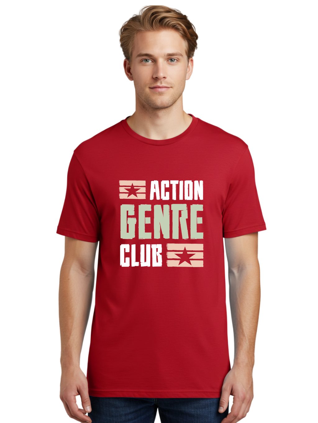 Action-Genre-Club Men'S Graphic Tee, 100% Cotton, Comfortable Casual Summer Wear, Machine Washable, Action Genre, Action Movies, Film Enthusiasts, Movie Buffs, Club Logo, Entertainment, Cinematic Experience, Adventure, Thriller, Blockbuster -  Aaa619