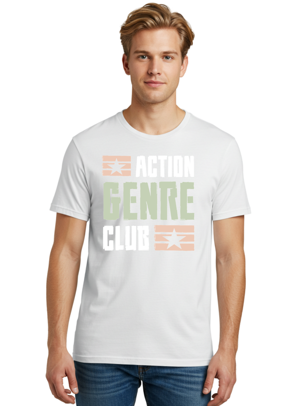 Action-Genre-Club Men'S Graphic Tee, 100% Cotton, Comfortable Casual Summer Wear, Machine Washable, Action Genre, Action Movies, Film Enthusiasts, Movie Buffs, Club Logo, Entertainment, Cinematic Experience, Adventure, Thriller, Blockbuster -  Aaa619