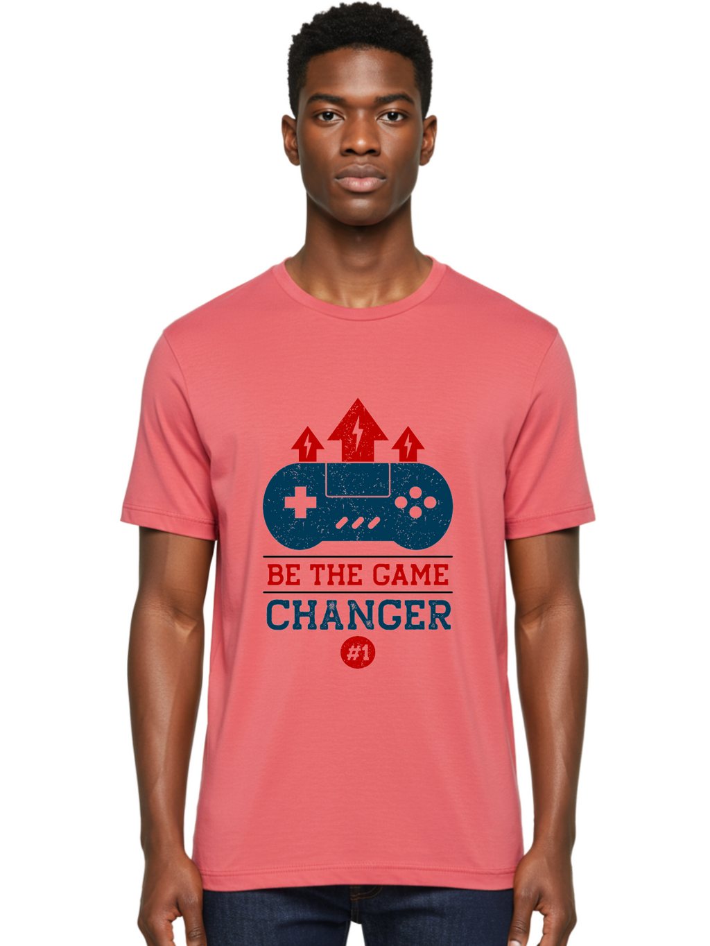 Be-The-Game-Changer Men'S Graphic Tee, 100% Cotton, Comfortable Casual Summer Wear, Machine Washable, Gaming Inspiration, Motivational Quote, Game Changer, Video Game Controller, Red And Blue Colors, Arrows Pointing Up, Positive Energy, -  Aaa620