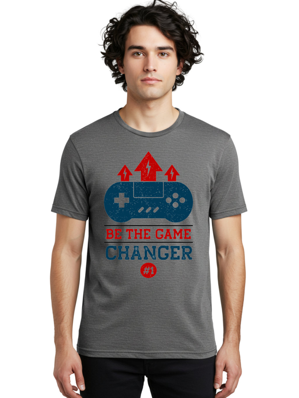 Be-The-Game-Changer Men'S Graphic Tee, 100% Cotton, Comfortable Casual Summer Wear, Machine Washable, Gaming Inspiration, Motivational Quote, Game Changer, Video Game Controller, Red And Blue Colors, Arrows Pointing Up, Positive Energy, -  Aaa620