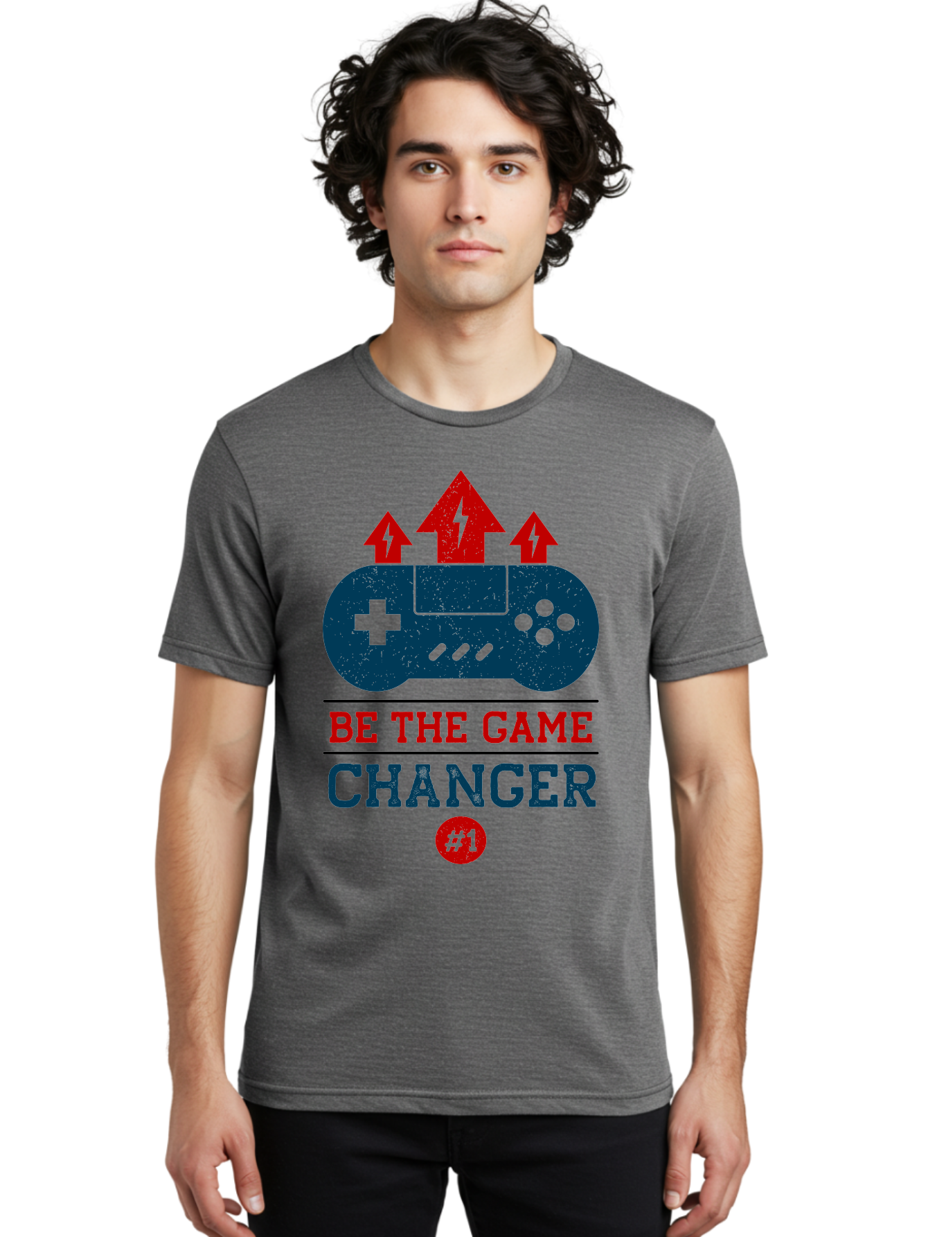 Be-The-Game-Changer Men'S Graphic Tee, 100% Cotton, Comfortable Casual Summer Wear, Machine Washable, Gaming Inspiration, Motivational Quote, Game Changer, Video Game Controller, Red And Blue Colors, Arrows Pointing Up, Positive Energy, -  Aaa620