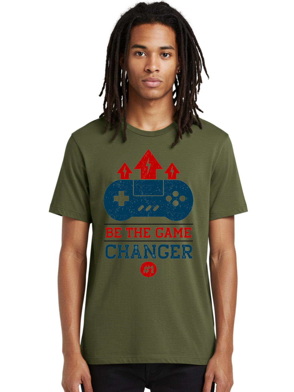 Be-The-Game-Changer Men'S Graphic Tee, 100% Cotton, Comfortable Casual Summer Wear, Machine Washable, Gaming Inspiration, Motivational Quote, Game Changer, Video Game Controller, Red And Blue Colors, Arrows Pointing Up, Positive Energy, -  Aaa620