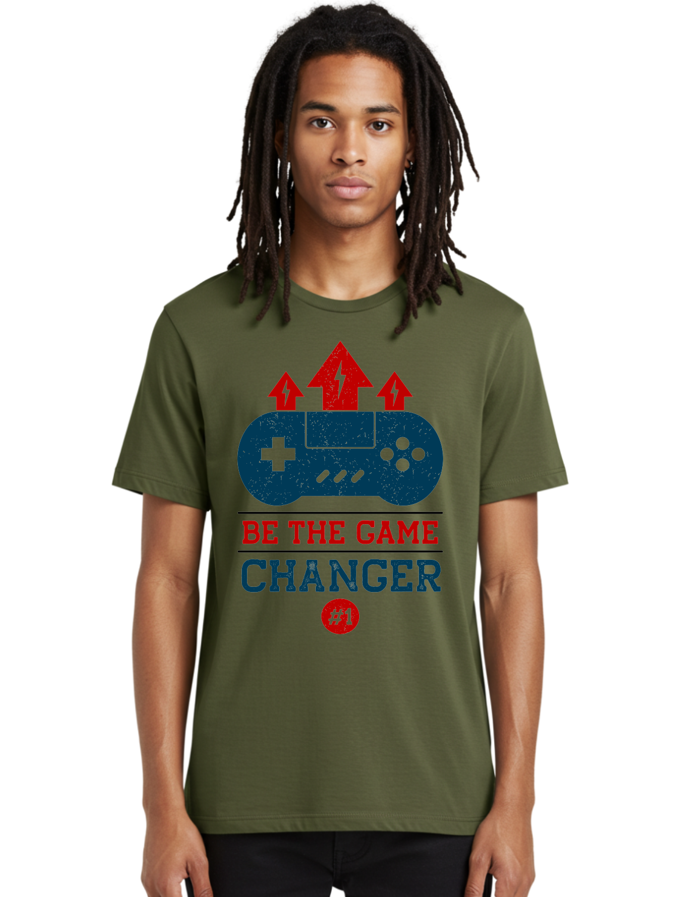 Be-The-Game-Changer Men'S Graphic Tee, 100% Cotton, Comfortable Casual Summer Wear, Machine Washable, Gaming Inspiration, Motivational Quote, Game Changer, Video Game Controller, Red And Blue Colors, Arrows Pointing Up, Positive Energy, -  Aaa620