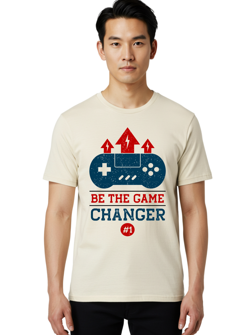 Be-The-Game-Changer Men'S Graphic Tee, 100% Cotton, Comfortable Casual Summer Wear, Machine Washable, Gaming Inspiration, Motivational Quote, Game Changer, Video Game Controller, Red And Blue Colors, Arrows Pointing Up, Positive Energy, -  Aaa620